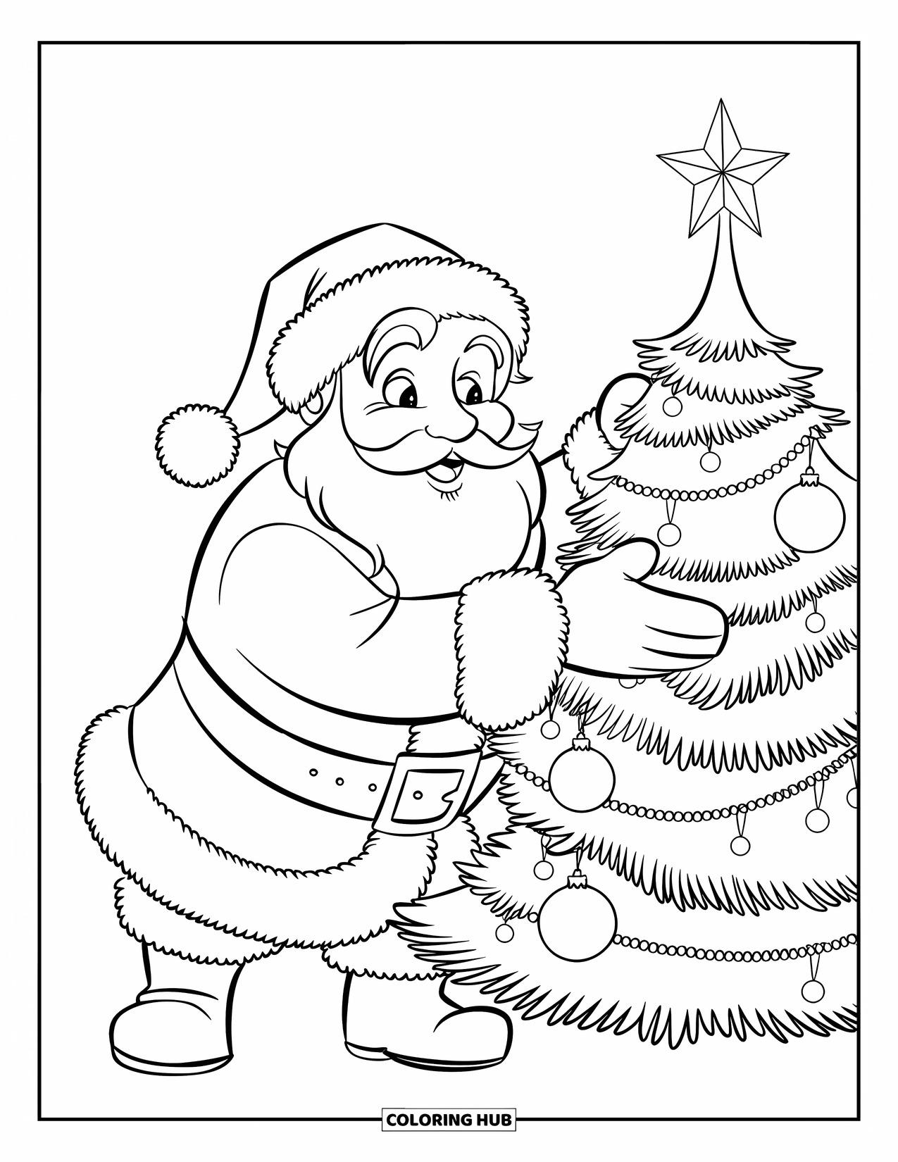 Kolorowanka z Mikołajem dla dzieci: Mikołaj radośnie ozdabia choinkę, umieszczając na jej gałęziach błyszczące ozdoby