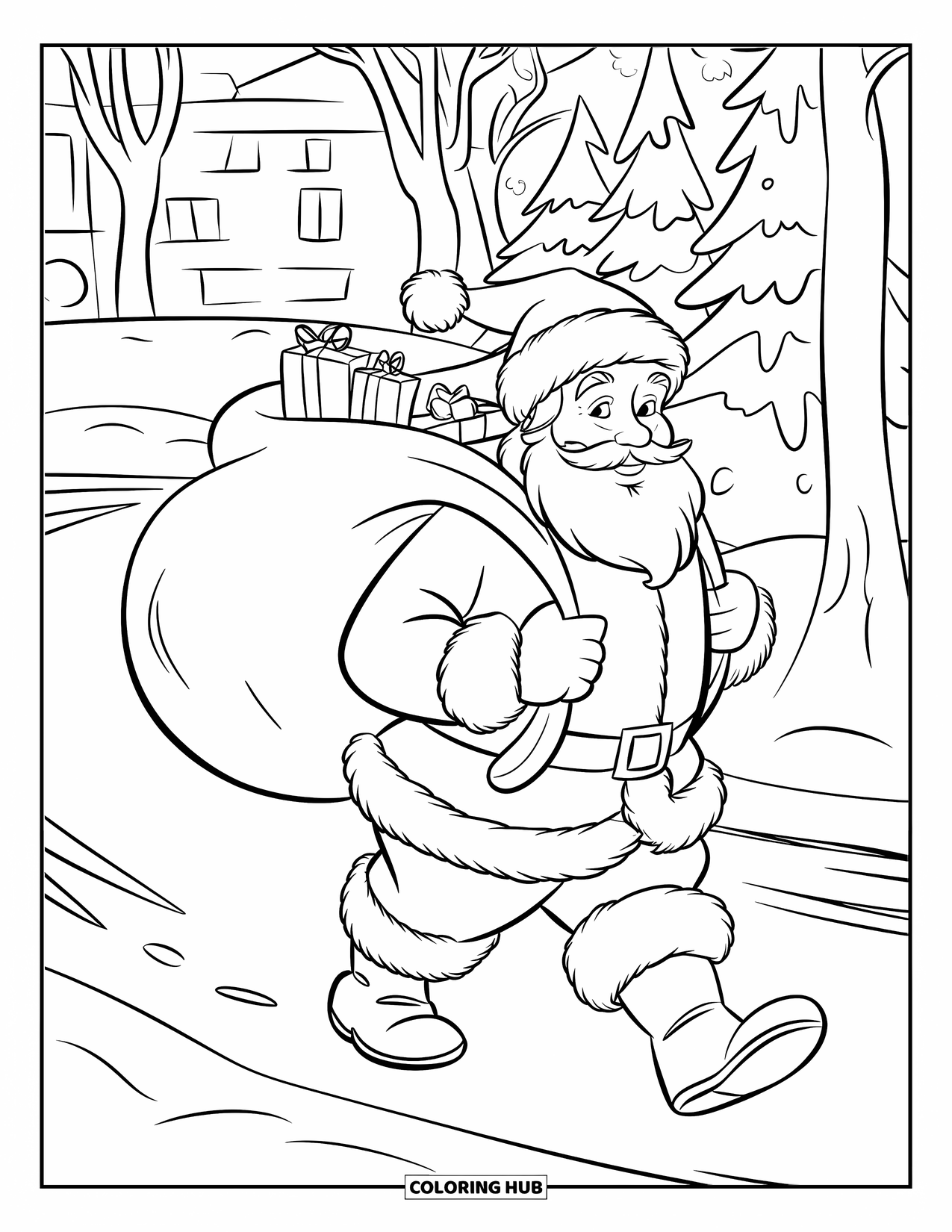 Kolorowanka z Mikołajem dla dzieci: Mikołaj ciągnie worek z prezentami przez śnieg, zostawiając za sobą ślady