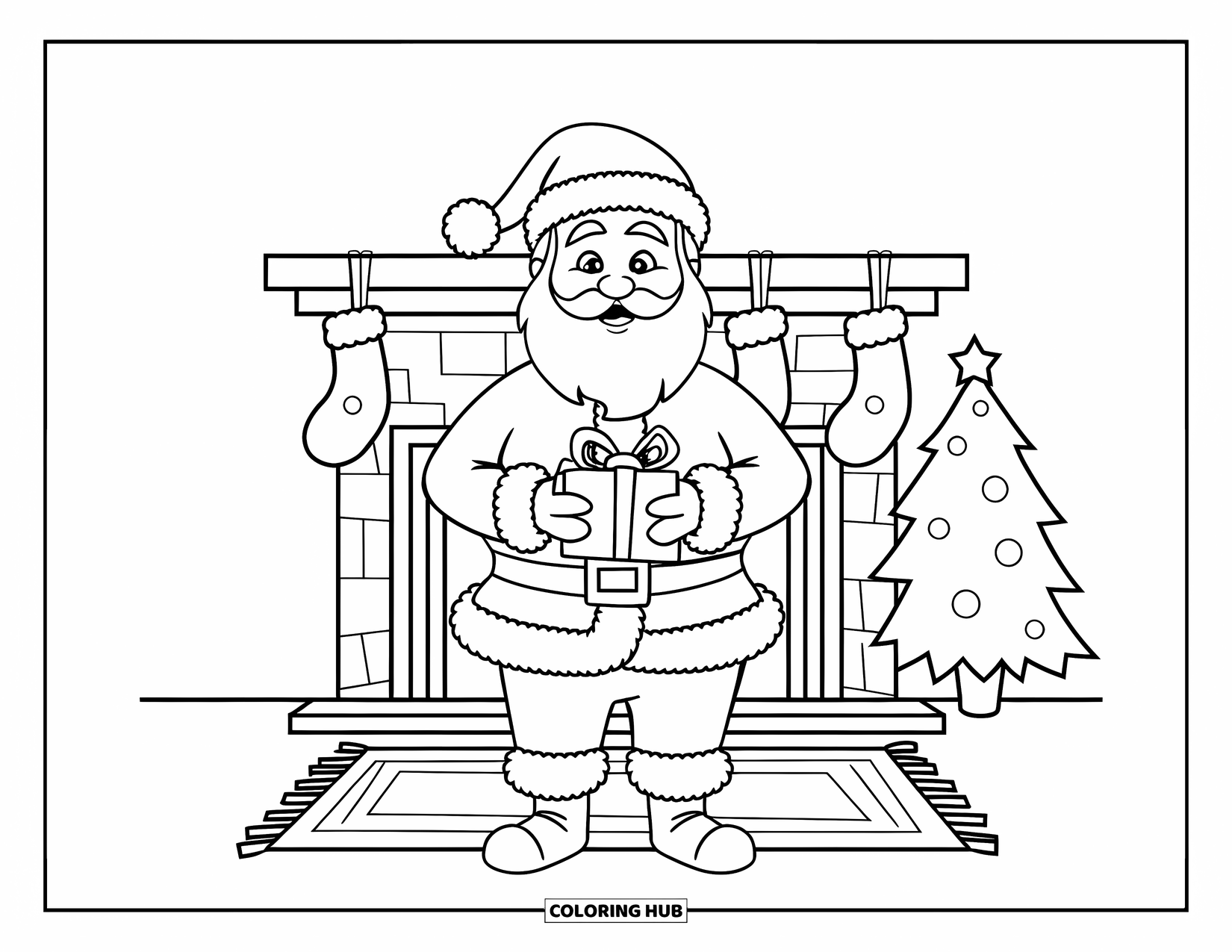 Kolorowanka z Mikołajem dla dzieci: Mikołaj trzyma prezent przy kominku, gdzie skarpety i dekoracje wypełniają pokój