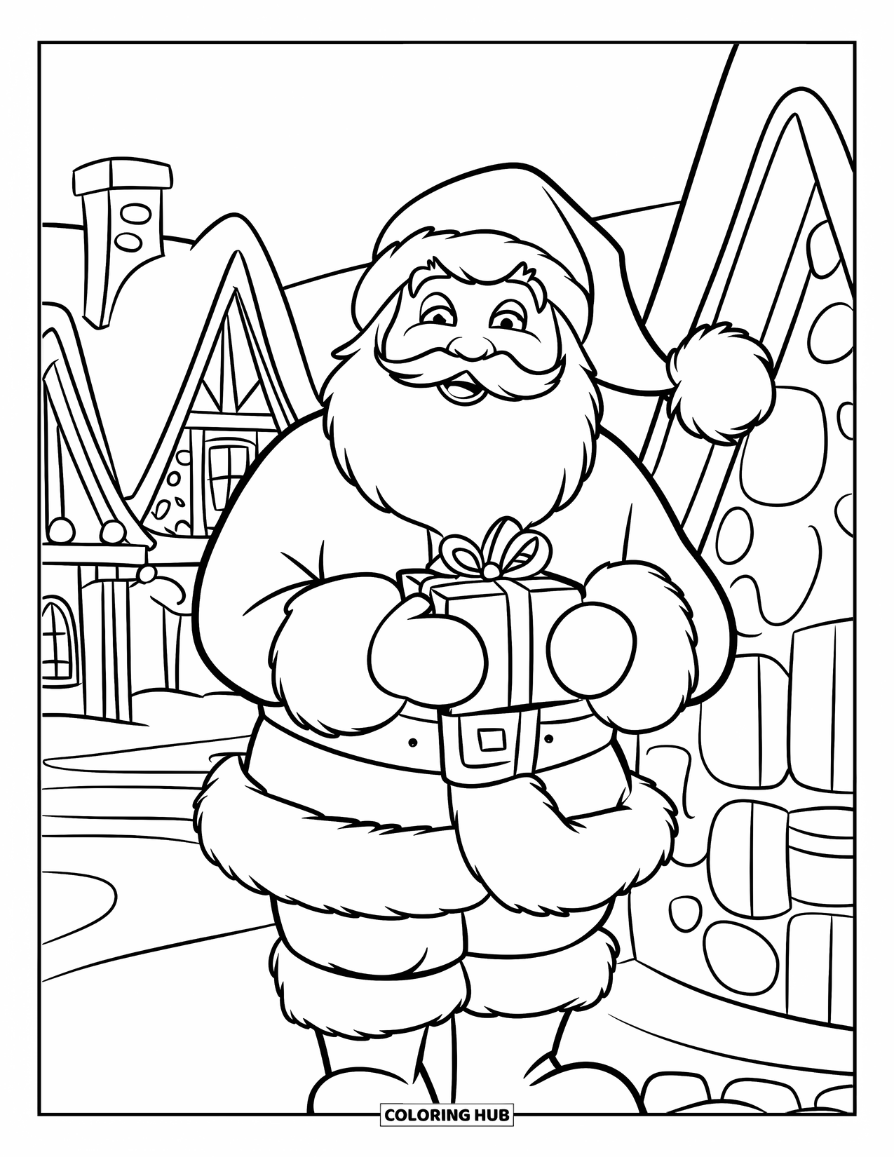 Kolorowanka z Mikołajem dla dzieci: Mikołaj trzyma prezent, stojąc obok gigantycznego komina na śnieżnym dachu