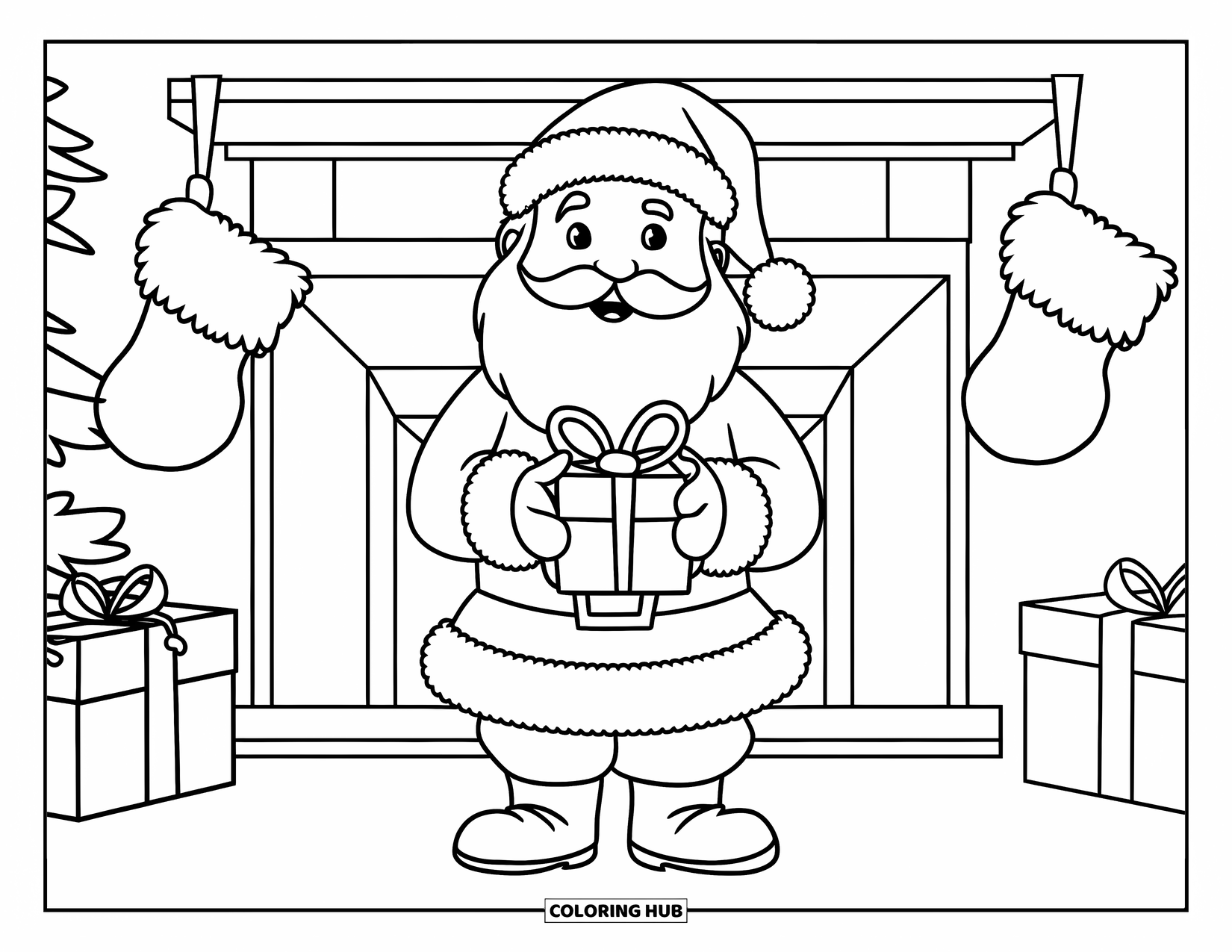 Kolorowanka z Mikołajem dla dzieci: Mikołaj trzyma zapakowany prezent, stojąc w pobliżu świątecznego kominka