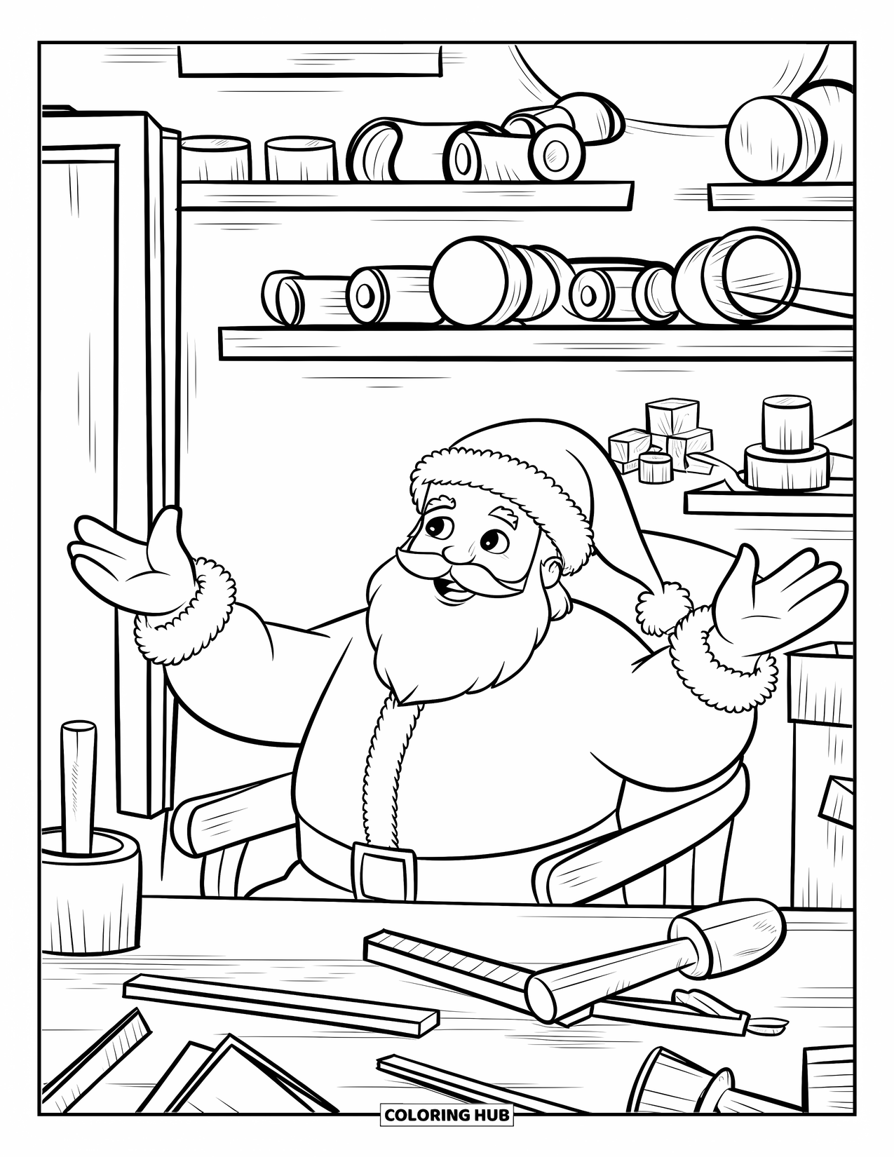 Kolorowanka z Mikołajem dla dzieci: Mikołaj jest zajęty w swoim warsztacie, otoczony częściami zabawek, narzędziami i drewnianymi półkami