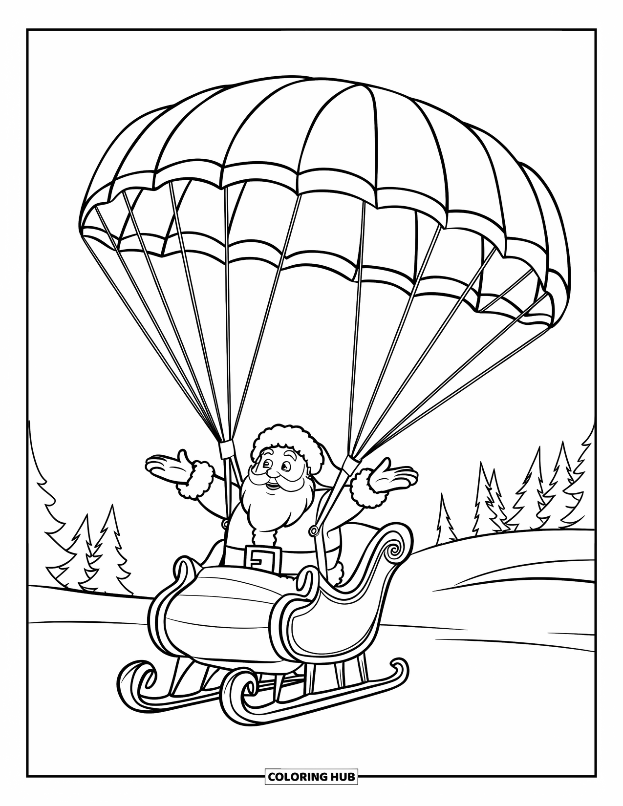 Kolorowanka z Mikołajem dla dzieci: Mikołaj radośnie skacze na spadochronie ze swoich sań, unosząc się nad śnieżnym krajobrazem