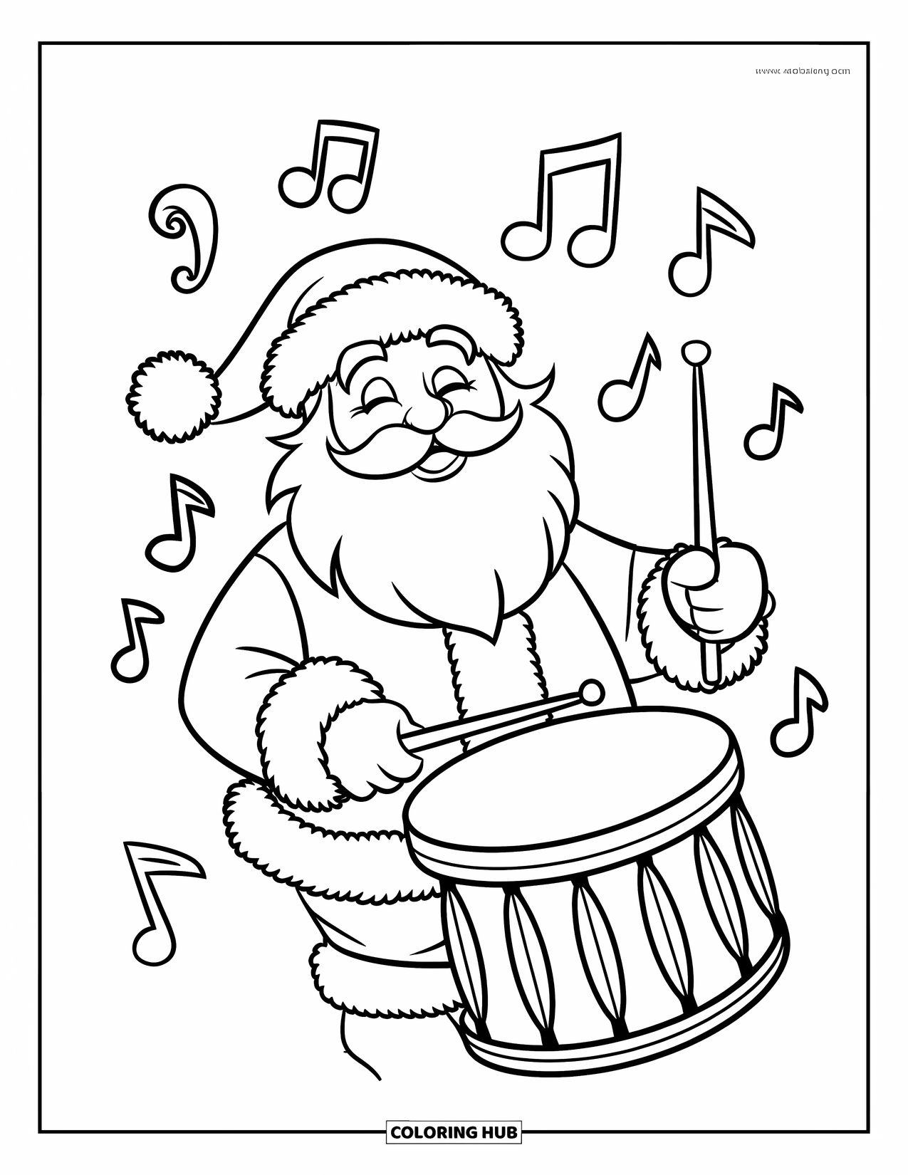Kolorowanka z Mikołajem dla dzieci: Mikołaj radośnie gra na bębnie, wnosząc świąteczny rytm do sezonu