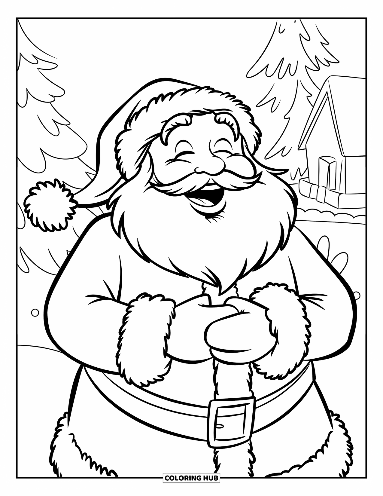 Kolorowanka z Mikołajem dla dzieci: Mikołaj śmieje się serdecznie, trzymając ręce na brzuchu w czystej świątecznej radości