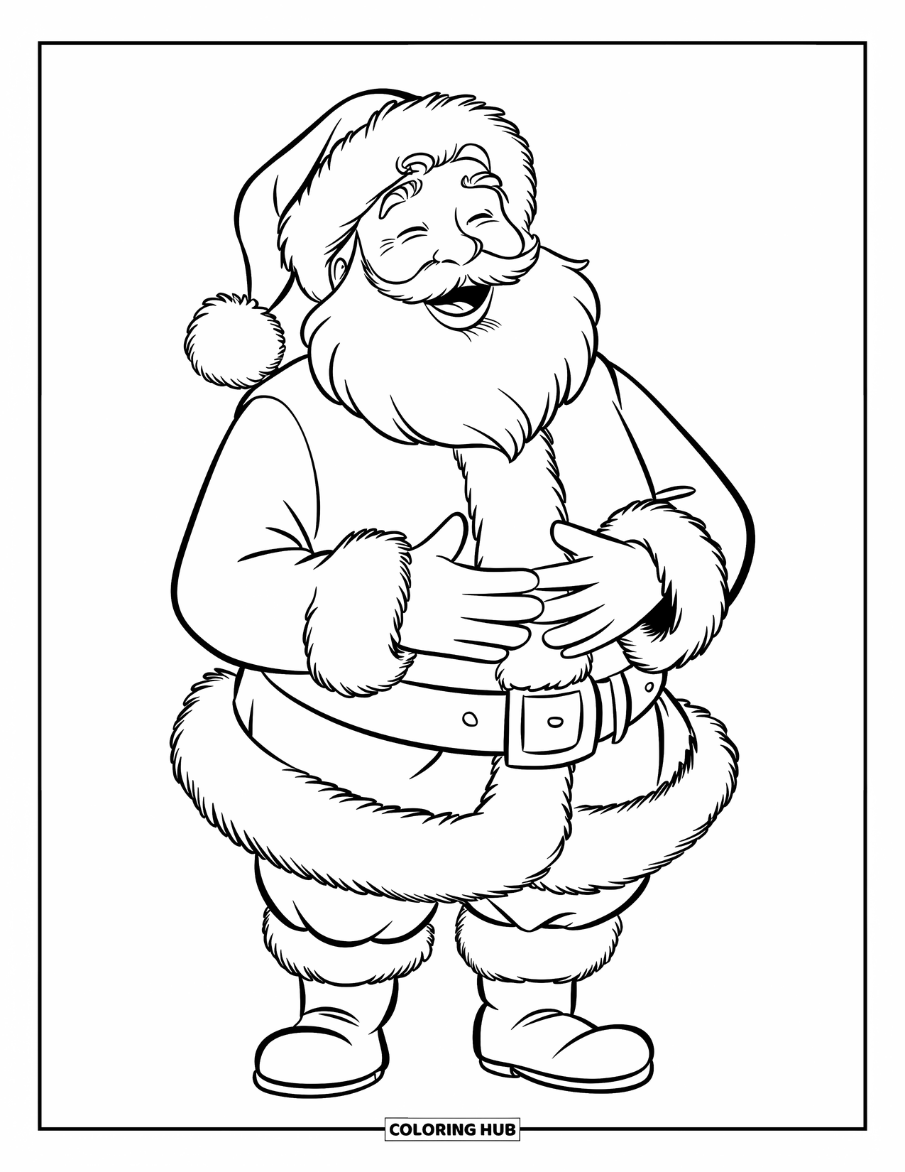 Kolorowanka z Mikołajem dla dzieci: Mikołaj śmieje się wesołym uśmiechem, a jego brzuch trzęsie się w świątecznej radości