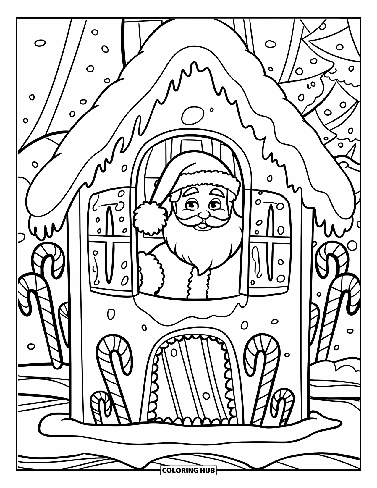 Kolorowanka z Mikołajem dla dzieci: Mikołaj wygląda przez okno przytulnego piernikowego domku, otoczonego słodyczami