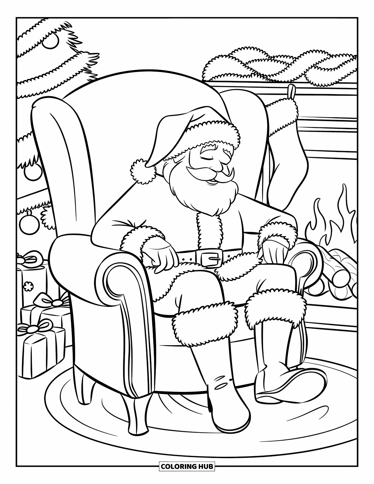 Kolorowanka z Mikołajem dla dzieci: Mikołaj ucina sobie drzemkę w wygodnym fotelu, bez butów, blisko płonącego kominka