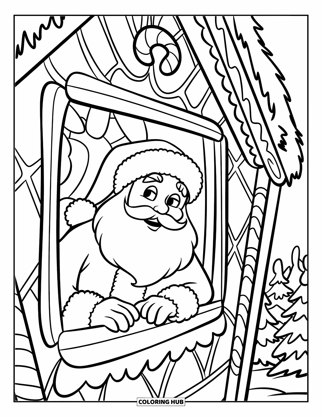 Kolorowanka z Mikołajem dla dzieci: Mikołaj wygląda z okna wewnątrz piernikowego domku pokrytego słodkimi dekoracjami