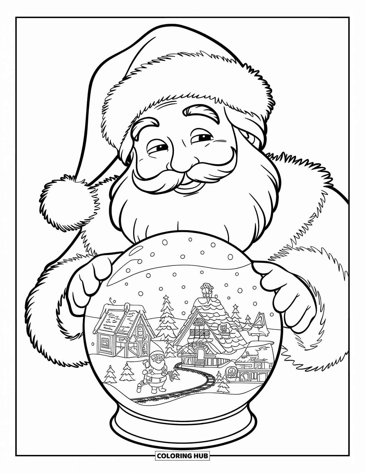 Kolorowanka z Mikołajem dla dzieci: Mikołaj zagląda do śnieżnej kuli wypełnionej miniaturowym miasteczkiem bożonarodzeniowym i migoczącymi światłami