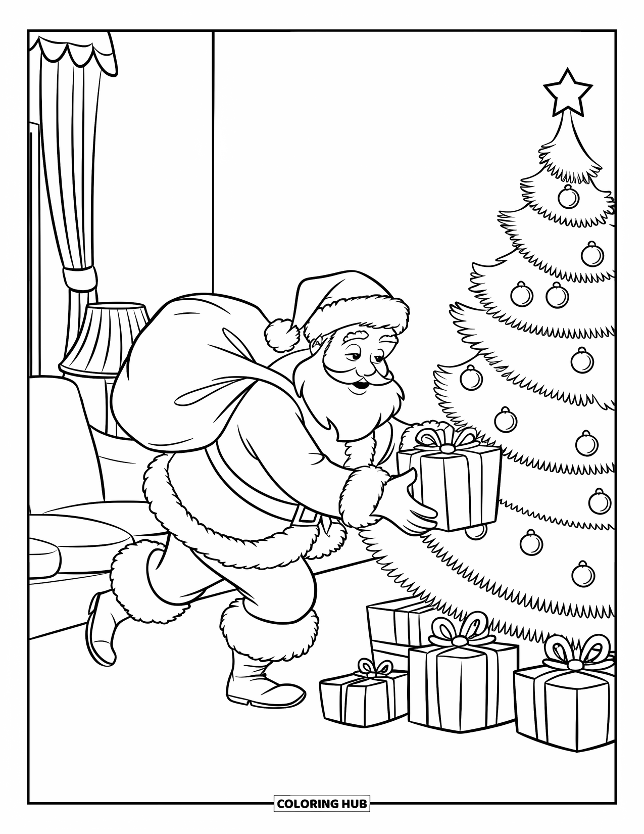 Kolorowanka z Mikołajem dla dzieci: Mikołaj umieszcza prezenty pod pięknie udekorowanym drzewkiem w ciepłym i świątecznym pokoju