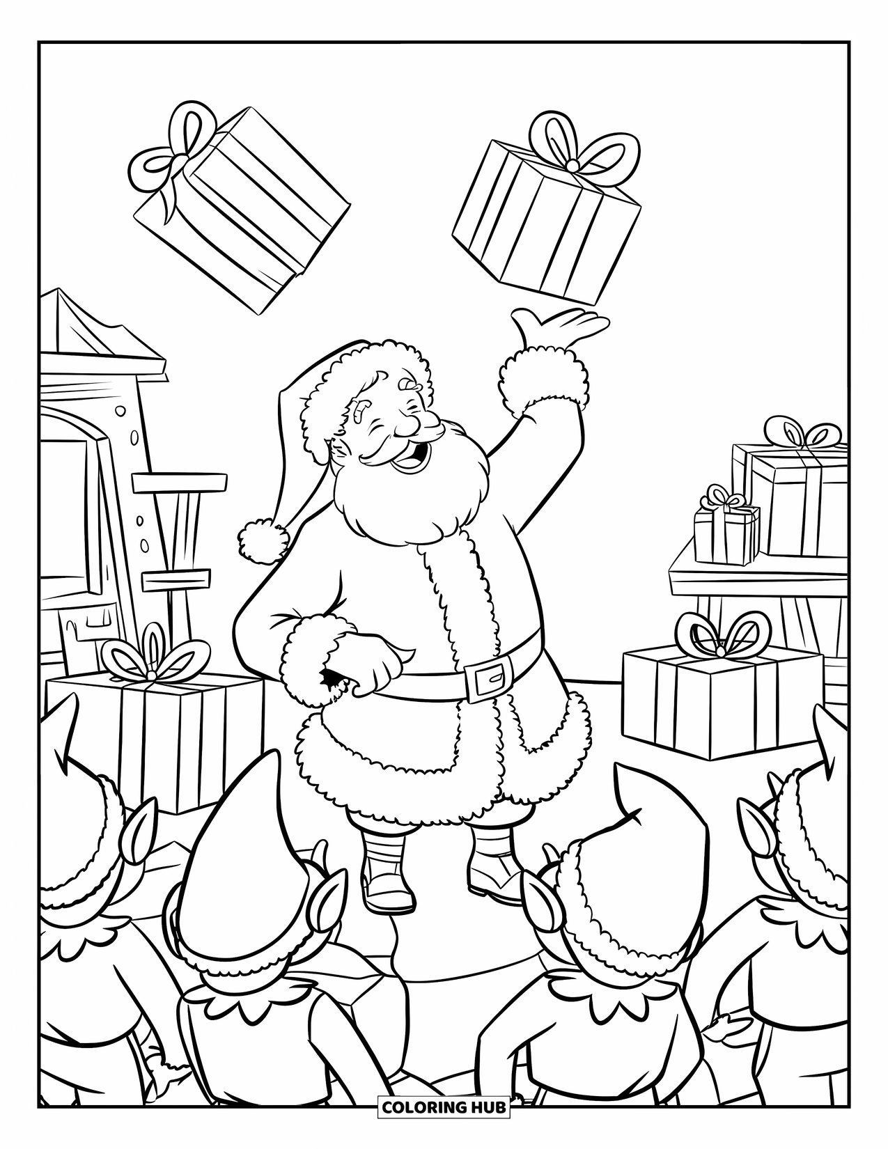Kolorowanka z Mikołajem dla dzieci: Mikołaj żartobliwie wyrzuca prezenty w powietrze, a elfy wiwatują i próbują je złapać