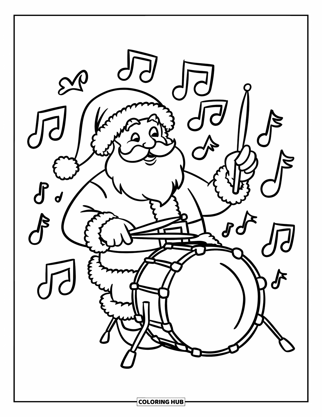 Kolorowanka z Mikołajem dla dzieci: Mikołaj radośnie gra na bębnie, otoczony unoszącymi się w powietrzu nutami muzycznymi