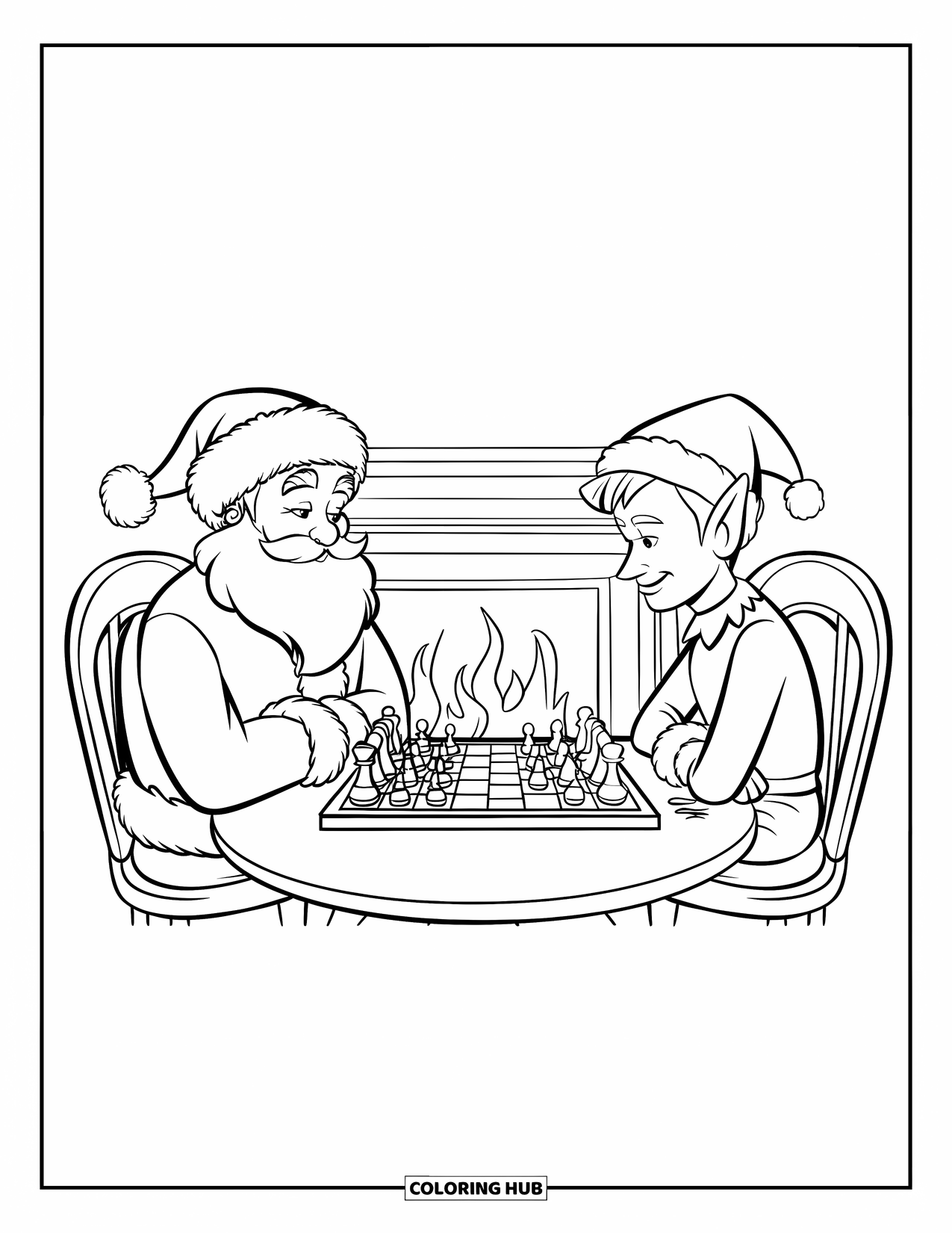 Kolorowanka z Mikołajem dla dzieci: Mikołaj gra w szachy z elfem przy ciepłym kominku w przytulnym pokoju