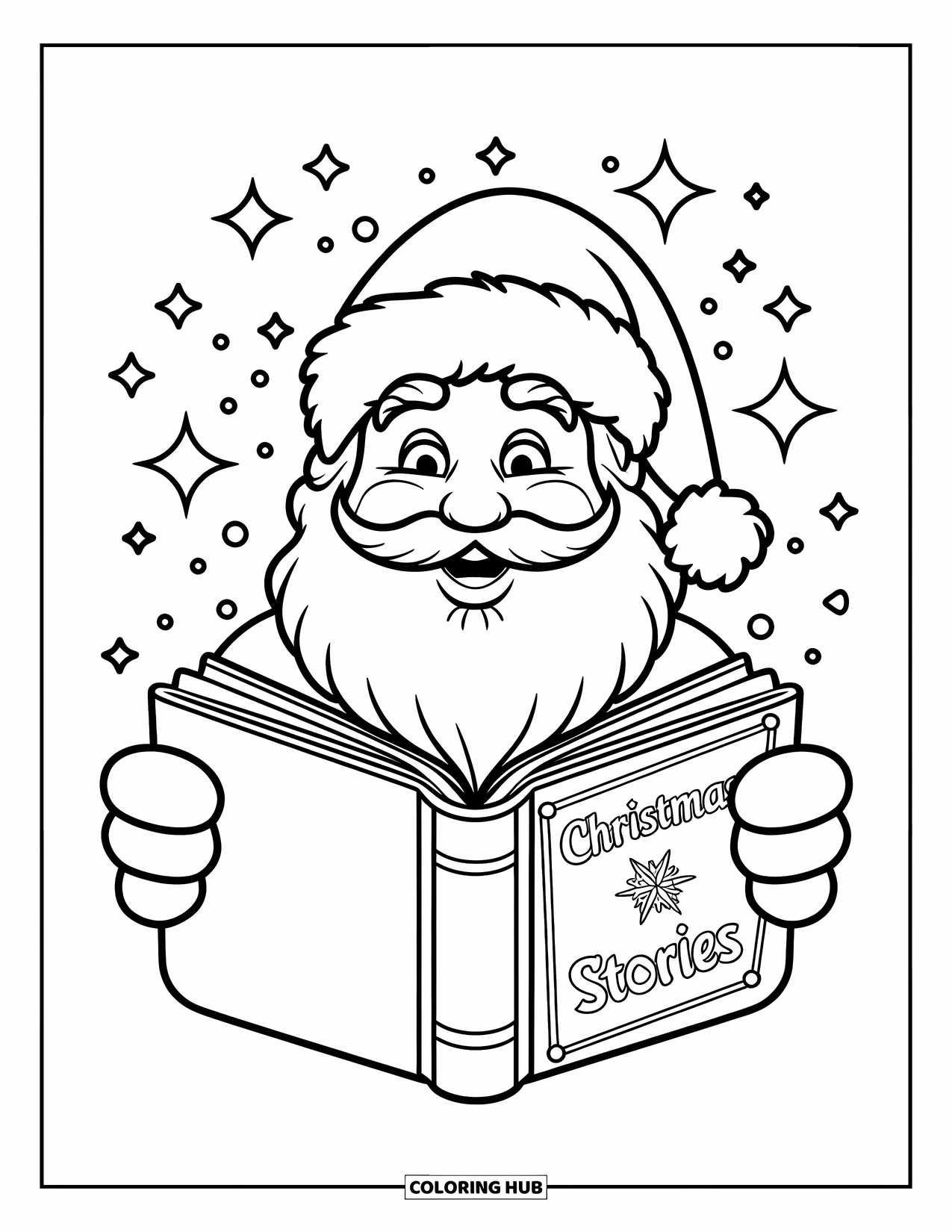 Kolorowanka z Mikołajem dla dzieci: Mikołaj czyta świąteczną książkę z opowieściami, a wokół niego unoszą się iskierki magii