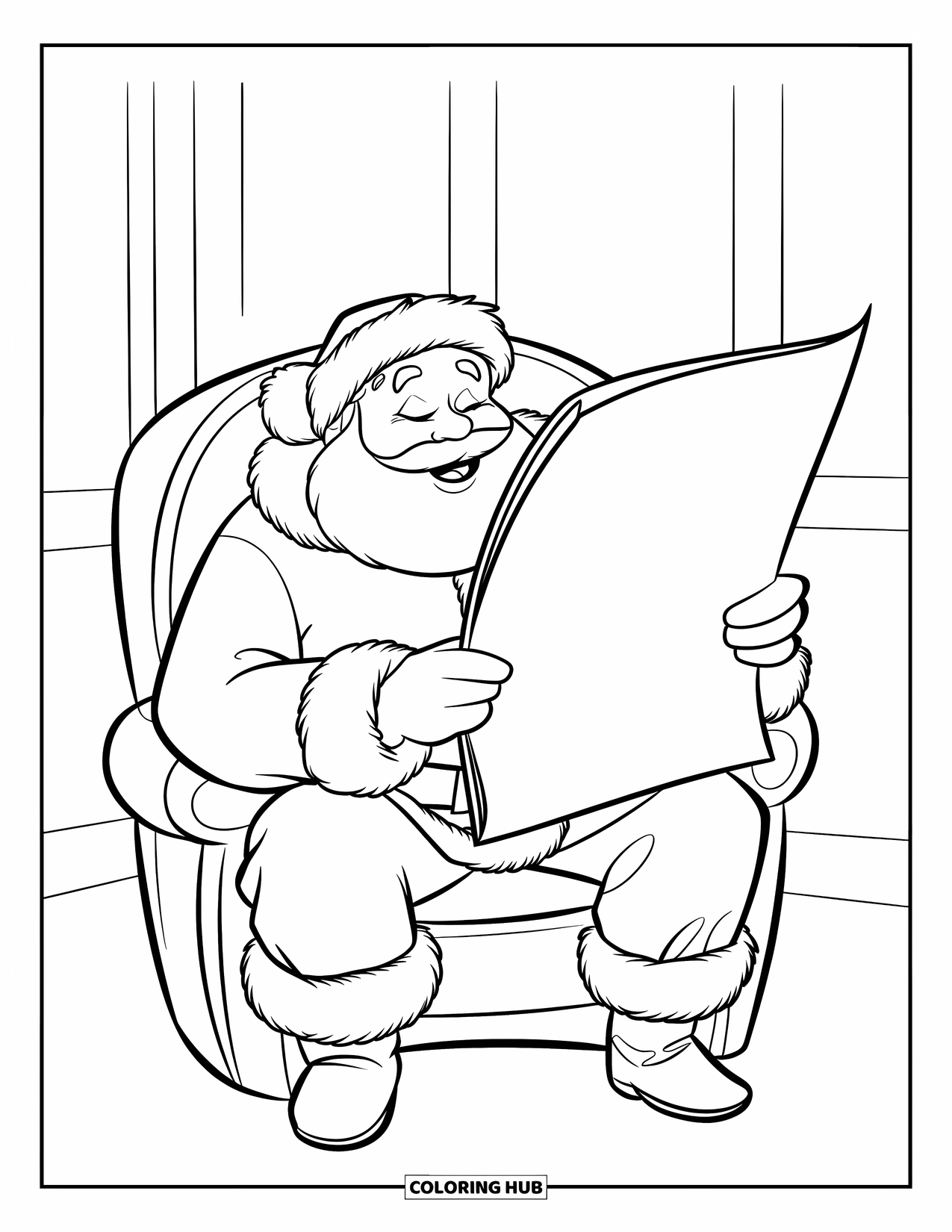 Kolorowanka z Mikołajem dla dzieci: Mikołaj czyta niekończącą się listę życzeń, a jego oczy skanują wszystkie świąteczne prośby