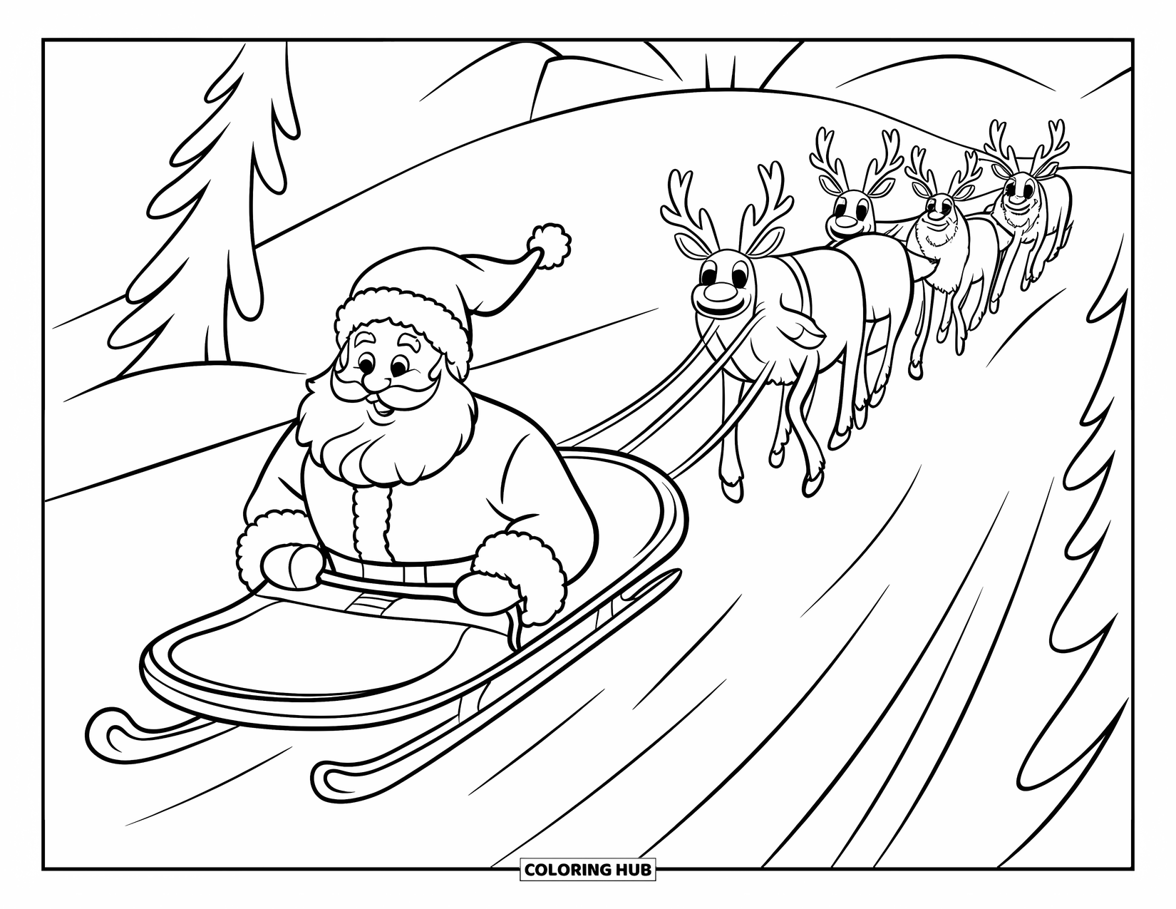 Kolorowanka z Mikołajem dla dzieci: Mikołaj jedzie na sankach w dół śnieżnego wzgórza, trzymając lejce swojego zespołu reniferów
