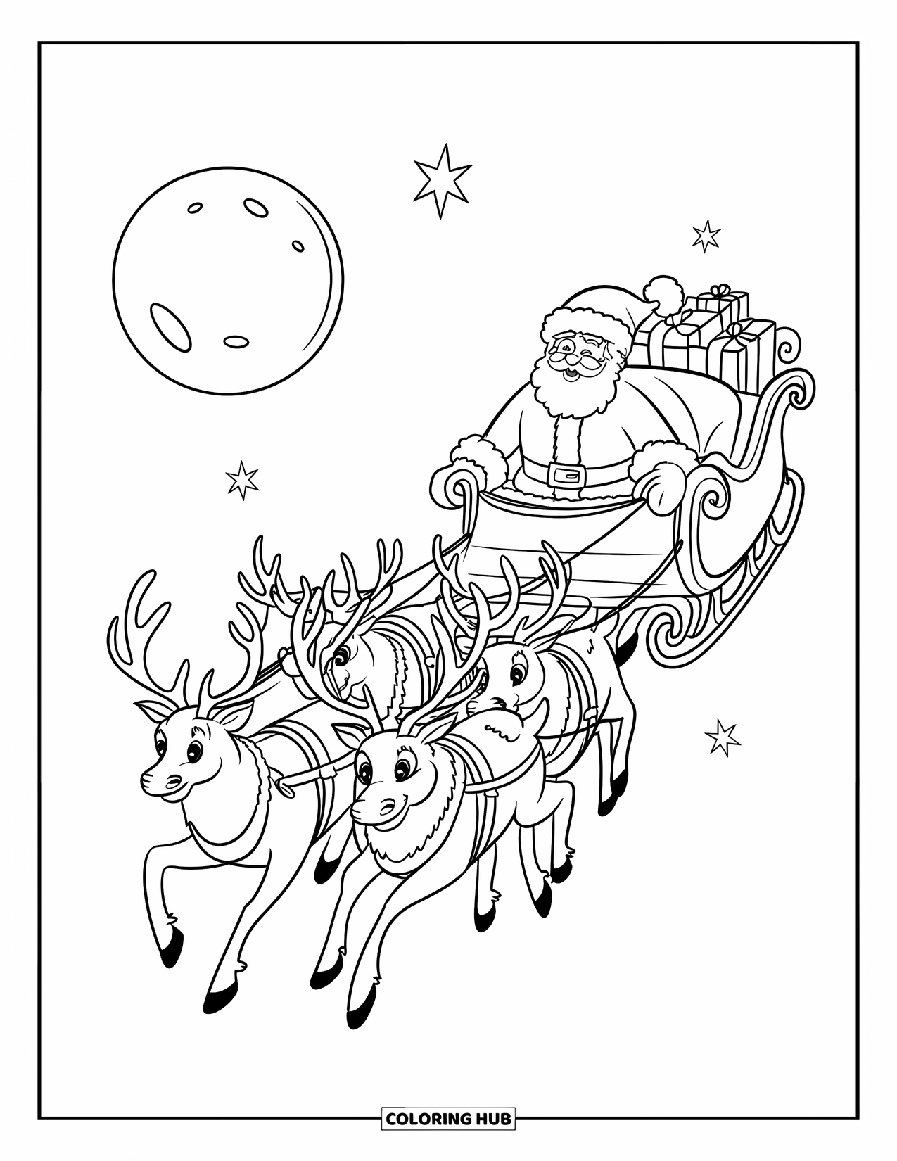 Kolorowanka z Mikołajem dla dzieci: Mikołaj jedzie saniami wysoko nad chmurami, a za nim świeci księżyc
