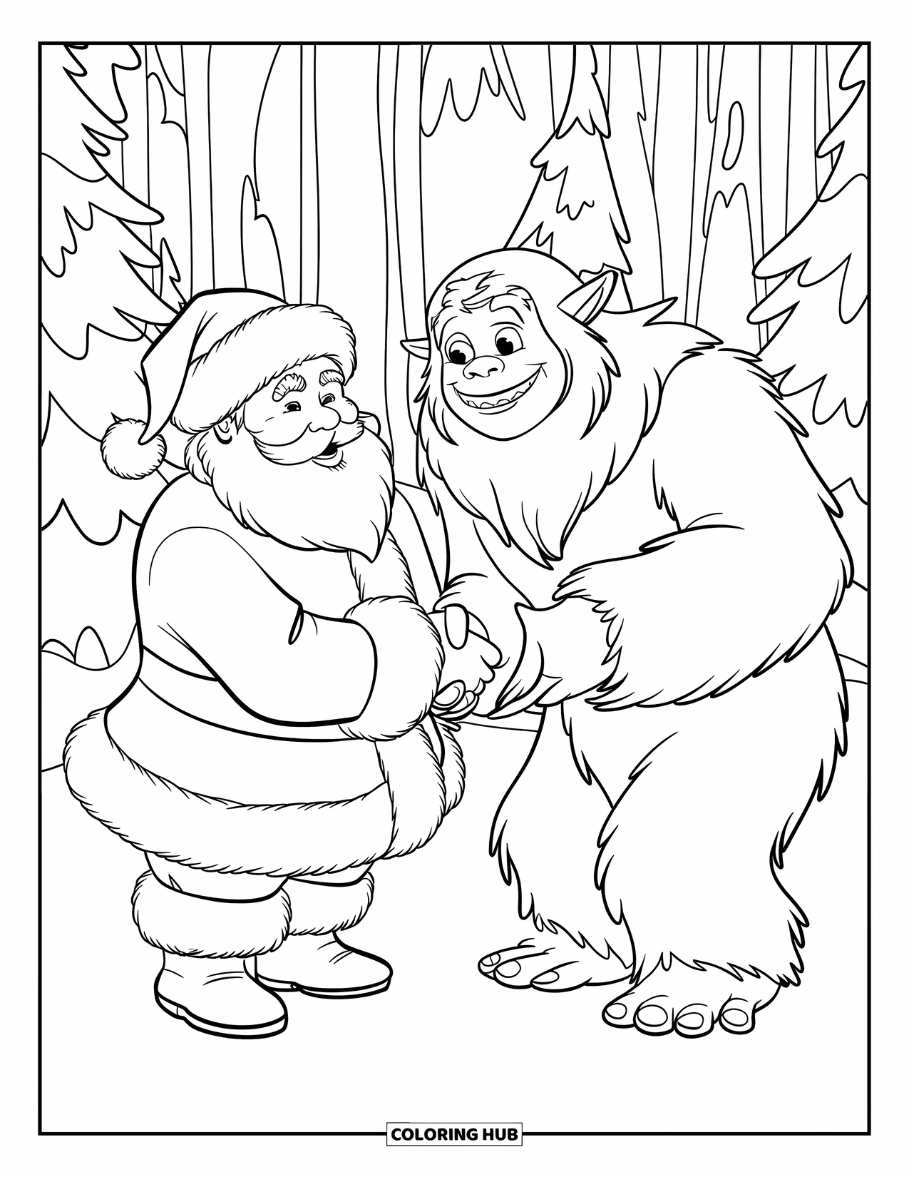 Kolorowanka z Mikołajem dla dzieci: Mikołaj ściska dłoń z przyjaznym yeti w śnieżnym lesie, obaj uśmiechają się ciepło