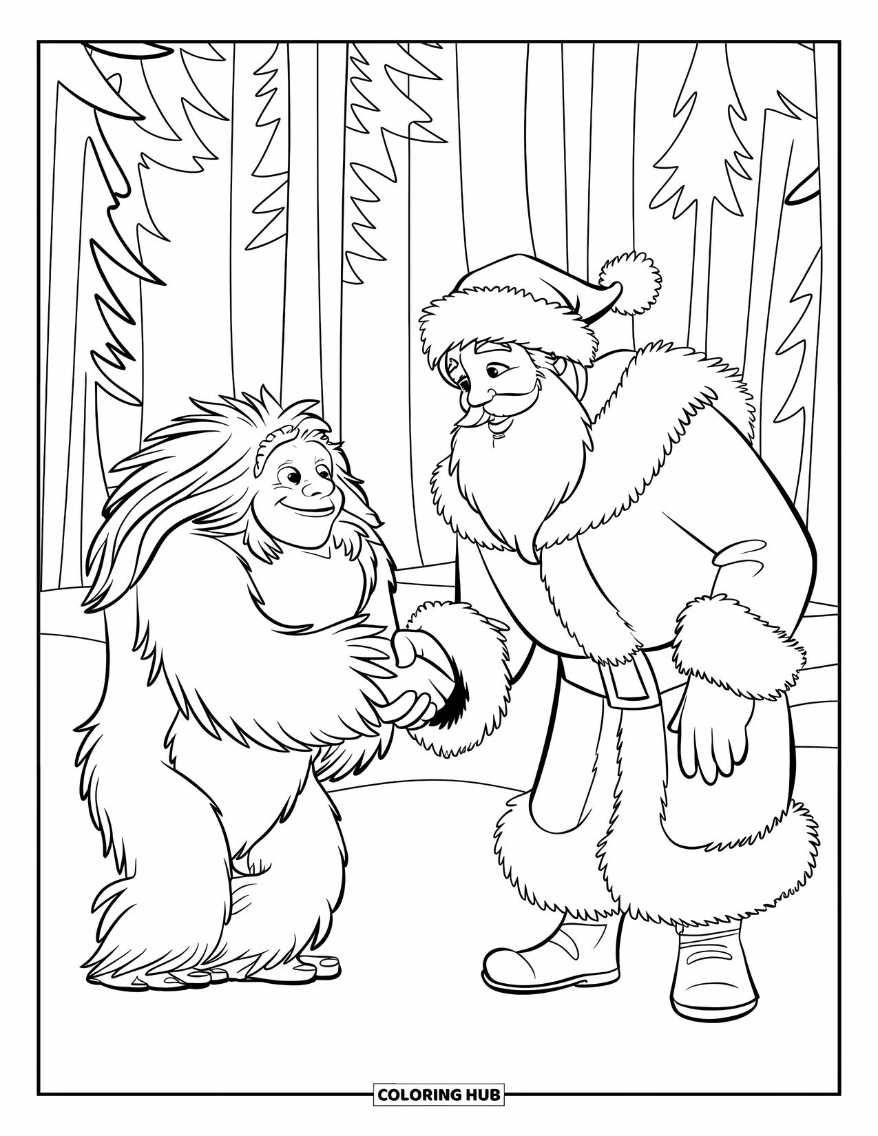 Kolorowanka z Mikołajem dla dzieci: Mikołaj ściska dłoń yeti ubranemu we wzorzystą szatę w śnieżnym lesie