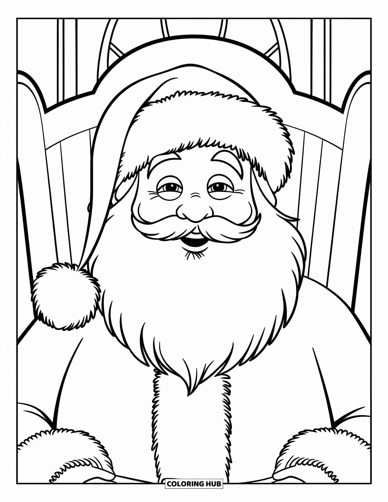 Kolorowanka z Mikołajem dla dzieci: Mikołaj siedzi szczęśliwie z puszystą czapką i długą brodą, gotowy na Boże Narodzenie