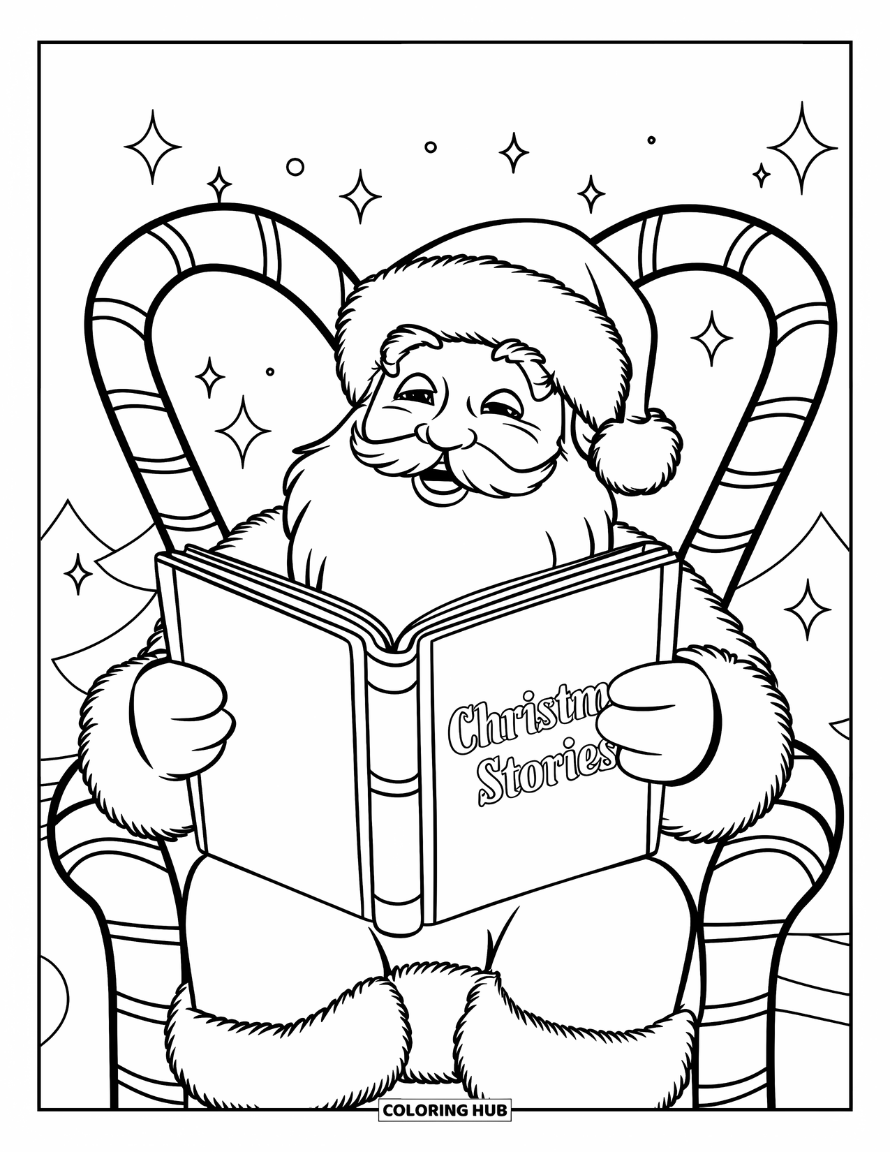 Kolorowanka z Mikołajem dla dzieci: Mikołaj siedzi w krześle z lasek cukrowych, czytając magiczną książkę wypełnioną świątecznymi opowieściami