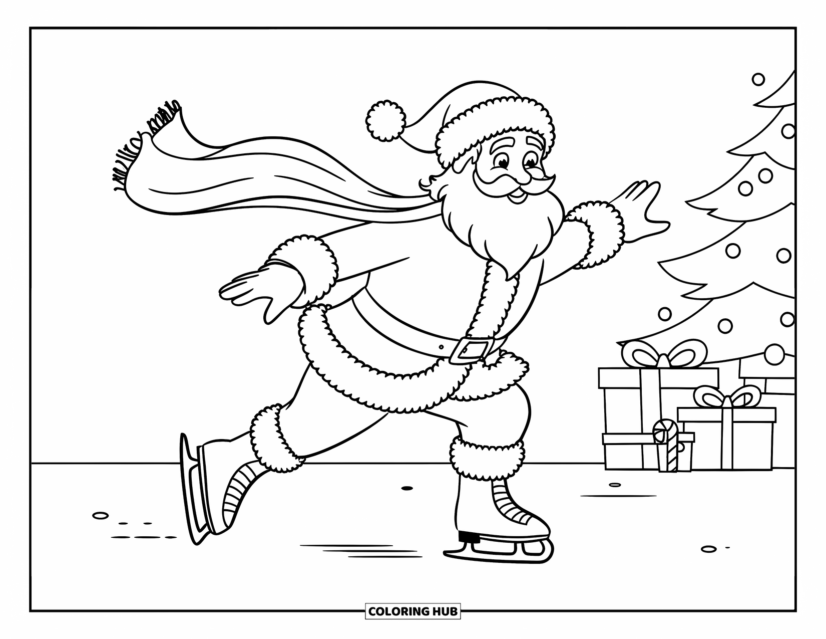 Kolorowanka z Mikołajem dla dzieci: Mikołaj jeździ na łyżwach po zamarzniętym jeziorze, a jego szalik ciągnie się za nim na wietrze