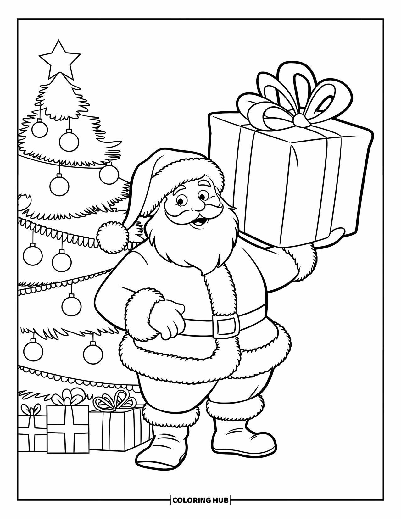 Kolorowanka z Mikołajem dla dzieci: Mikołaj uśmiecha się, wręczając ogromny prezent obok świecącej choinki