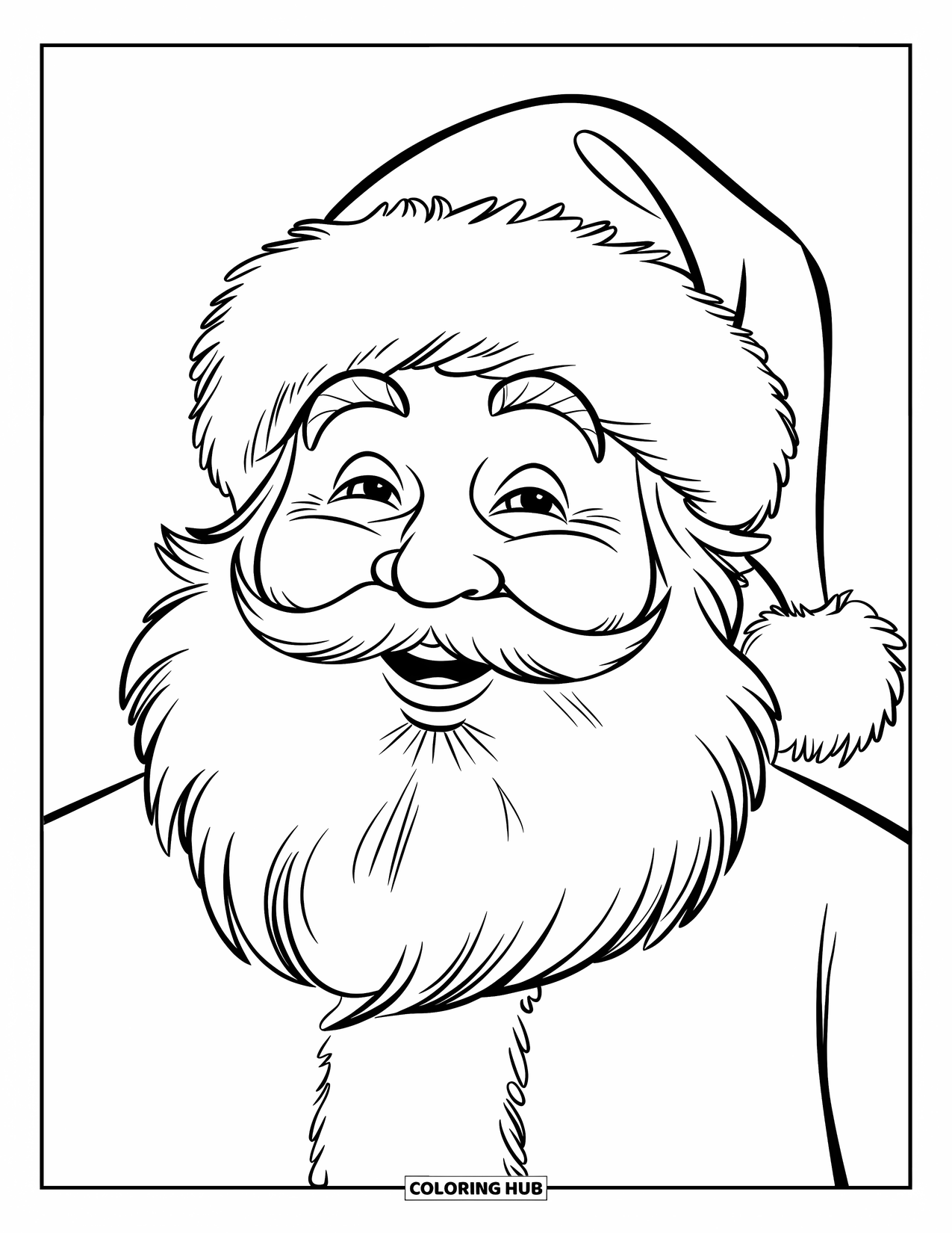 Kolorowanka z Mikołajem dla dzieci: Mikołaj uśmiecha się ciepło, a jego puszysta czapka i długa broda nadają mu świąteczny wygląd