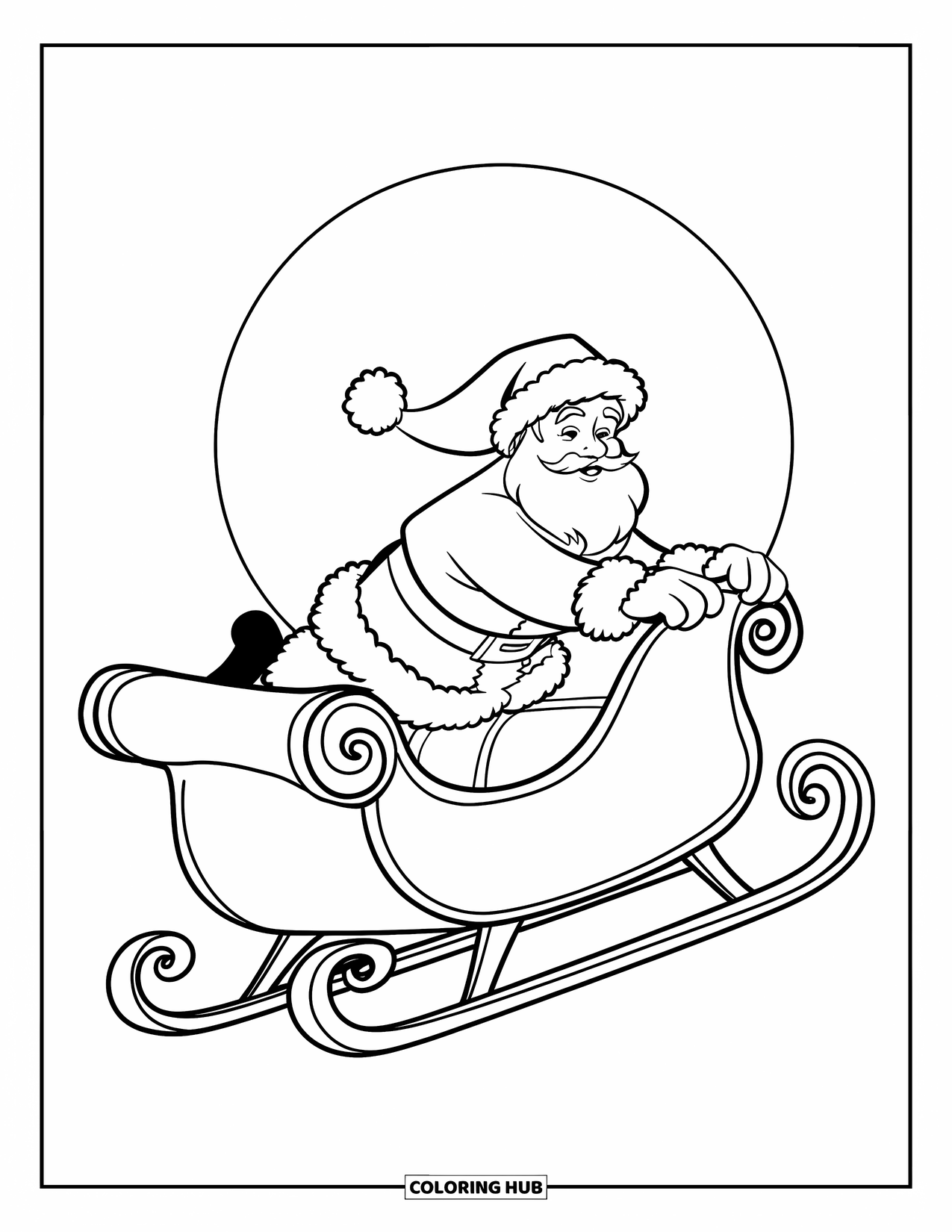 Kolorowanka z Mikołajem dla dzieci: Mikołaj szybuje po niebie w swoich saniach, a za nim widać pełnię księżyca