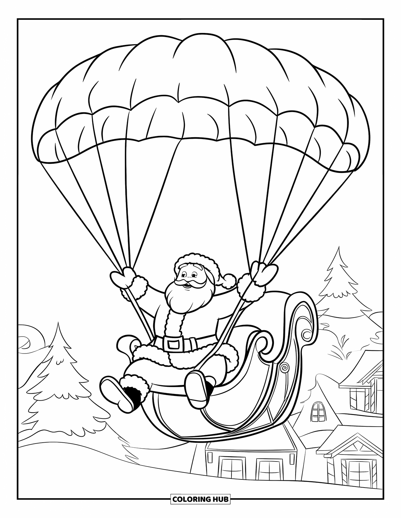 Kolorowanka z Mikołajem dla dzieci: Mikołaj rozkłada ramiona, skacząc na spadochronie z sań, schodząc w kierunku miasta