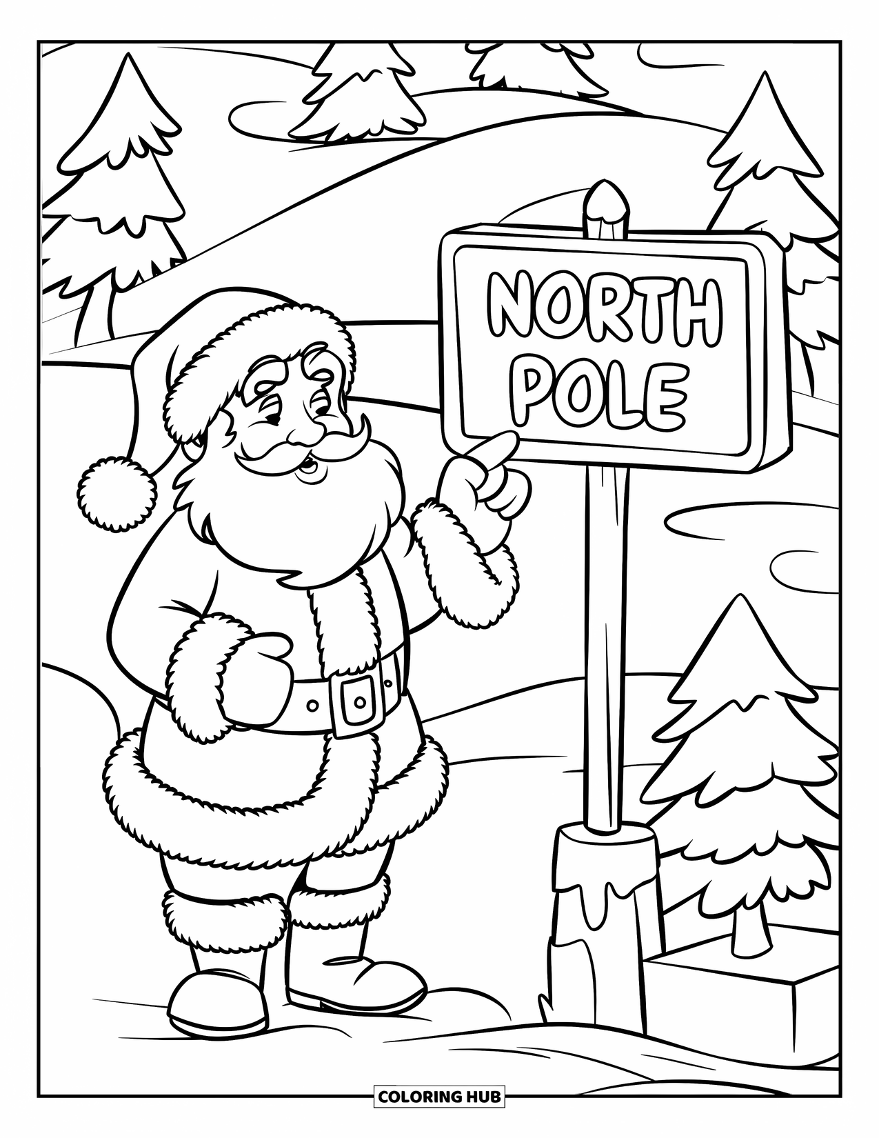 Kolorowanka z Mikołajem dla dzieci: Mikołaj stoi na biegunie północnym, wskazując na znak oznaczający śnieżny punkt orientacyjny