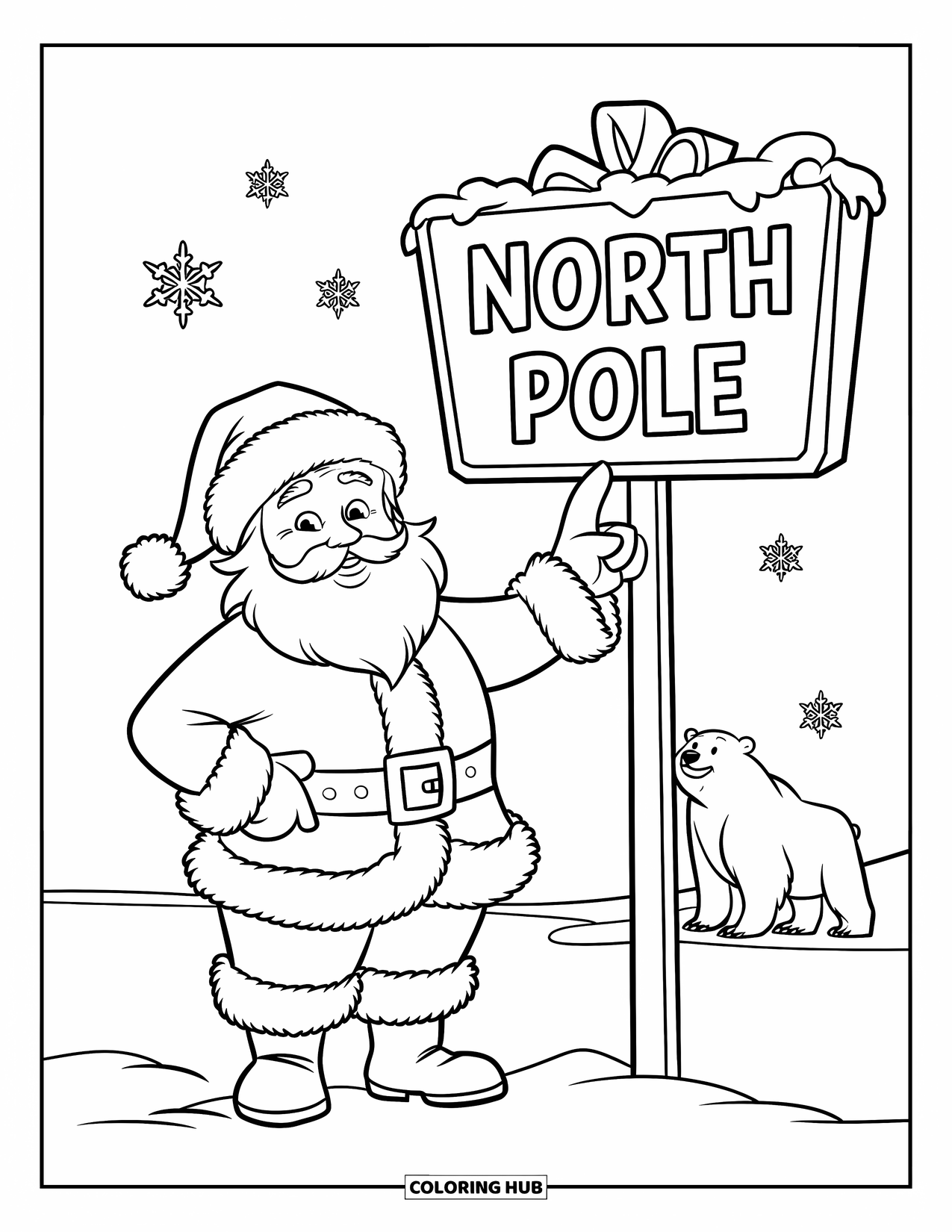 Kolorowanka z Mikołajem dla dzieci: Mikołaj stoi na biegunie północnym, a płatki śniegu opadają, gdy wskazuje na znak