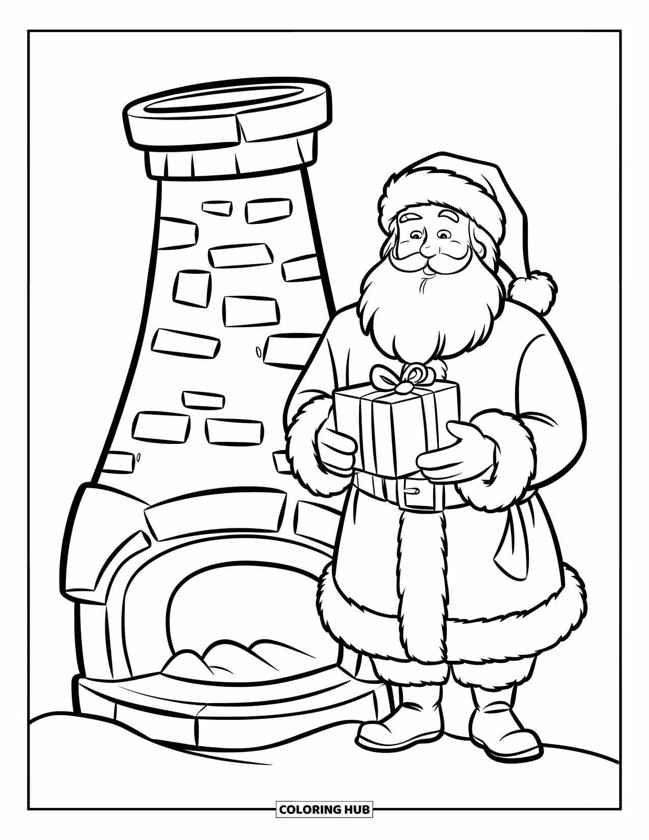 Kolorowanka z Mikołajem dla dzieci: Mikołaj stoi obok ogromnego komina, trzymając prezent, gdy wokół niego pada śnieg