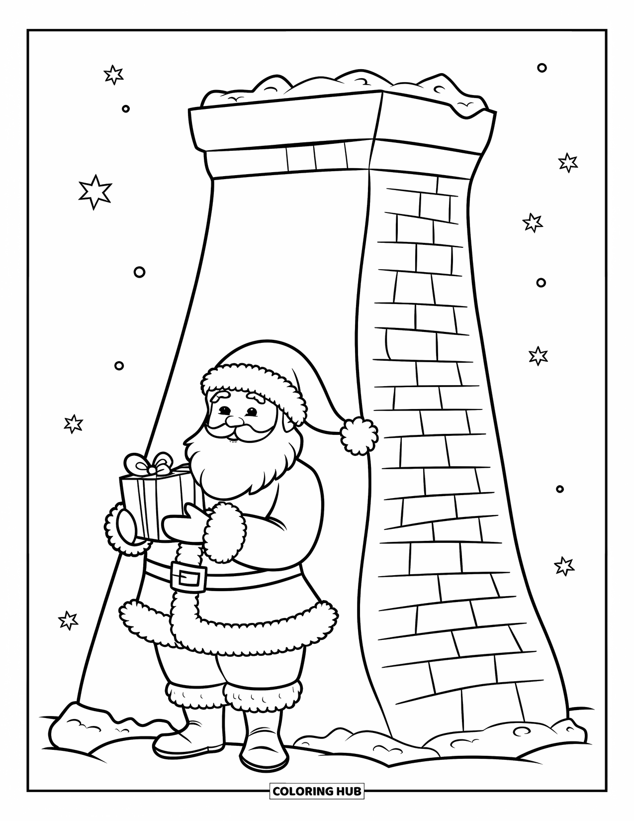 Kolorowanka z Mikołajem dla dzieci: Mikołaj stoi przy ogromnym kominie, ostrożnie trzymając pojedynczy zapakowany prezent