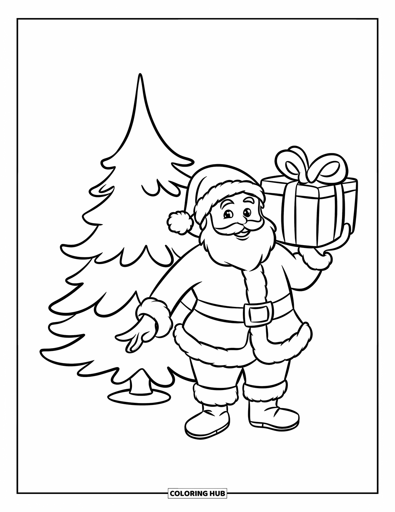 Kolorowanka z Mikołajem dla dzieci: Mikołaj stoi obok migoczącej choinki, trzymając duży prezent z świąteczną kokardą