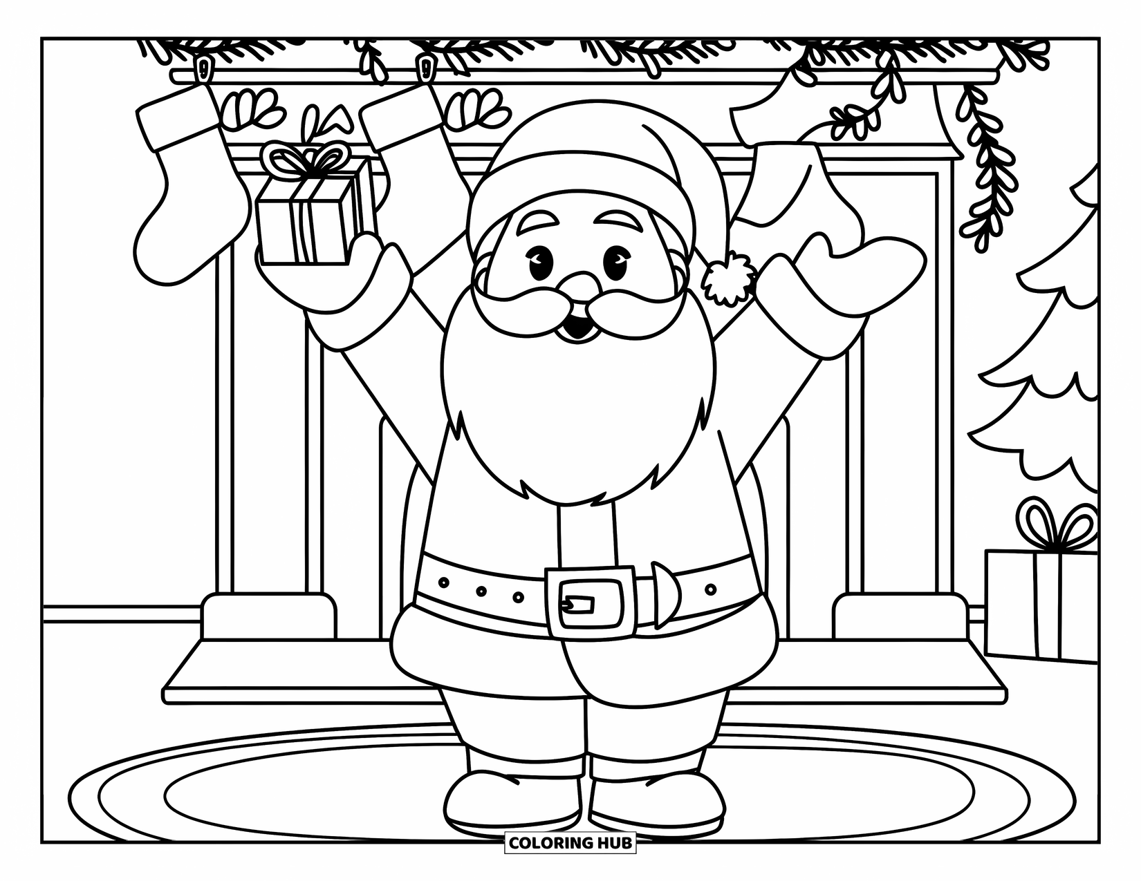 Kolorowanka z Mikołajem dla dzieci: Mikołaj stoi przed kominkiem, trzymając prezent z radosnym uśmiechem