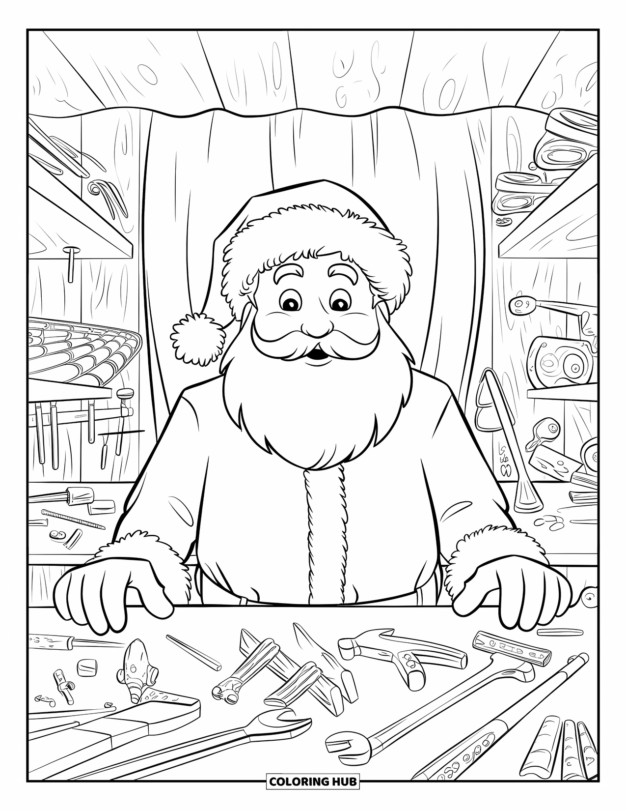 Kolorowanka z Mikołajem dla dzieci: Mikołaj stoi w swoim warsztacie, tworząc zabawki za pomocą narzędzi rozrzuconych wokół niego