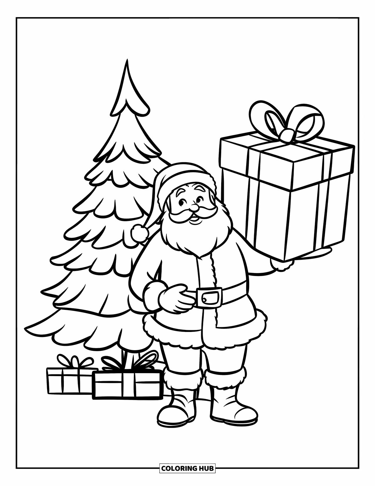 Kolorowanka z Mikołajem dla dzieci: Mikołaj stoi obok choinki, trzymając ogromny prezent z dużą kokardą