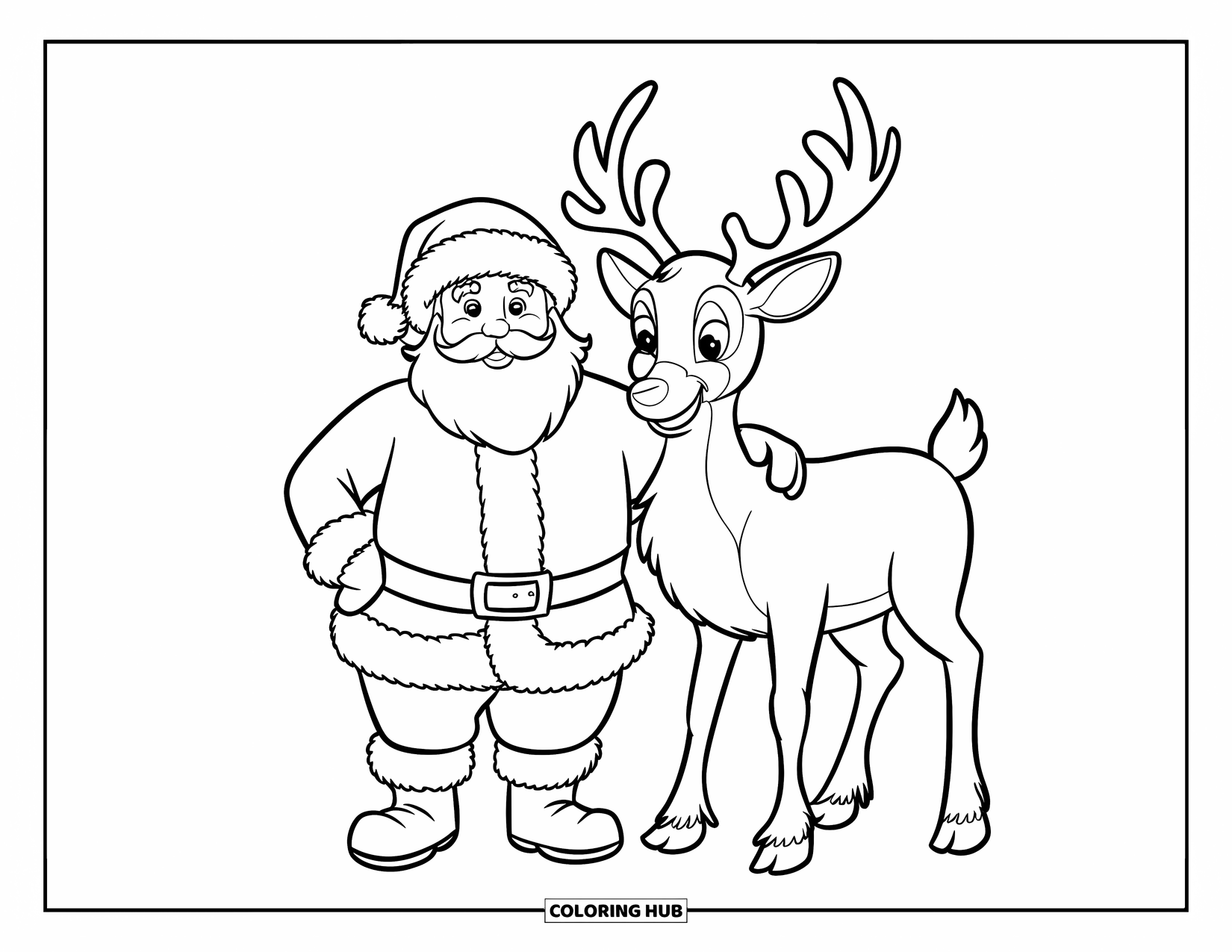 Kolorowanka z Mikołajem dla dzieci: Mikołaj stoi obok przyjaznego renifera, obaj patrzą w przyszłość z radosnym wyrazem twarzy