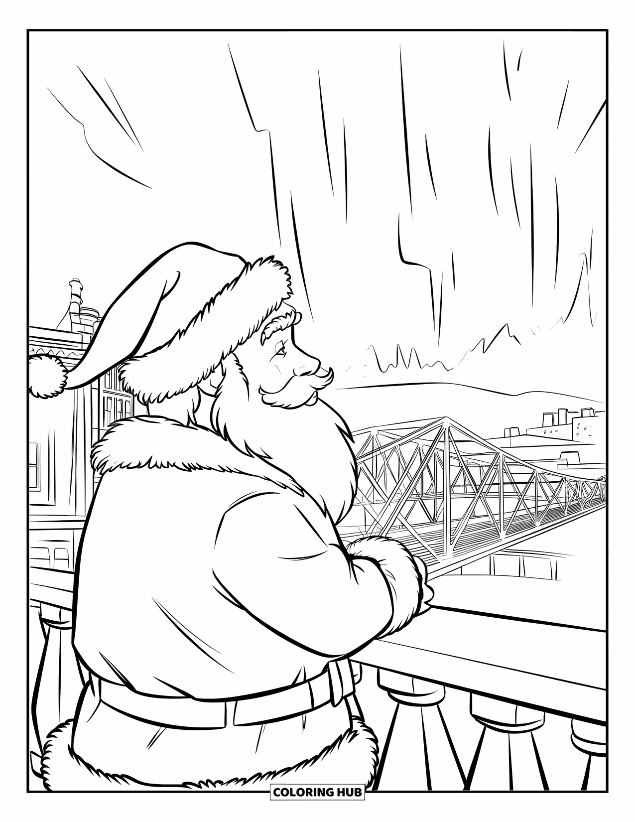 Kolorowanka z Mikołajem dla dzieci: Mikołaj stoi na balkonie, podziwiając świecące zorze polarne na niebie