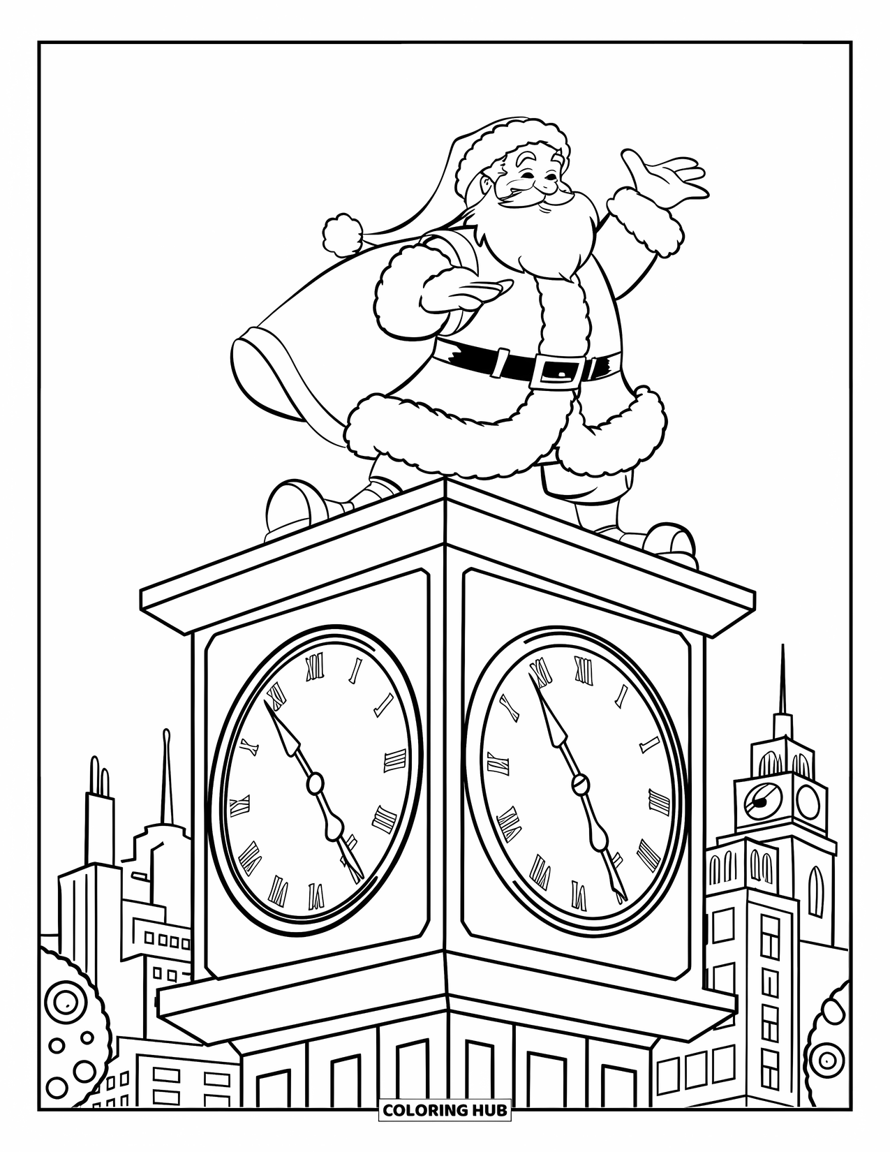 Kolorowanka z Mikołajem dla dzieci: Mikołaj stoi na wysokiej wieży zegarowej, sprawdzając godzinę przed rozpoczęciem Wigilii