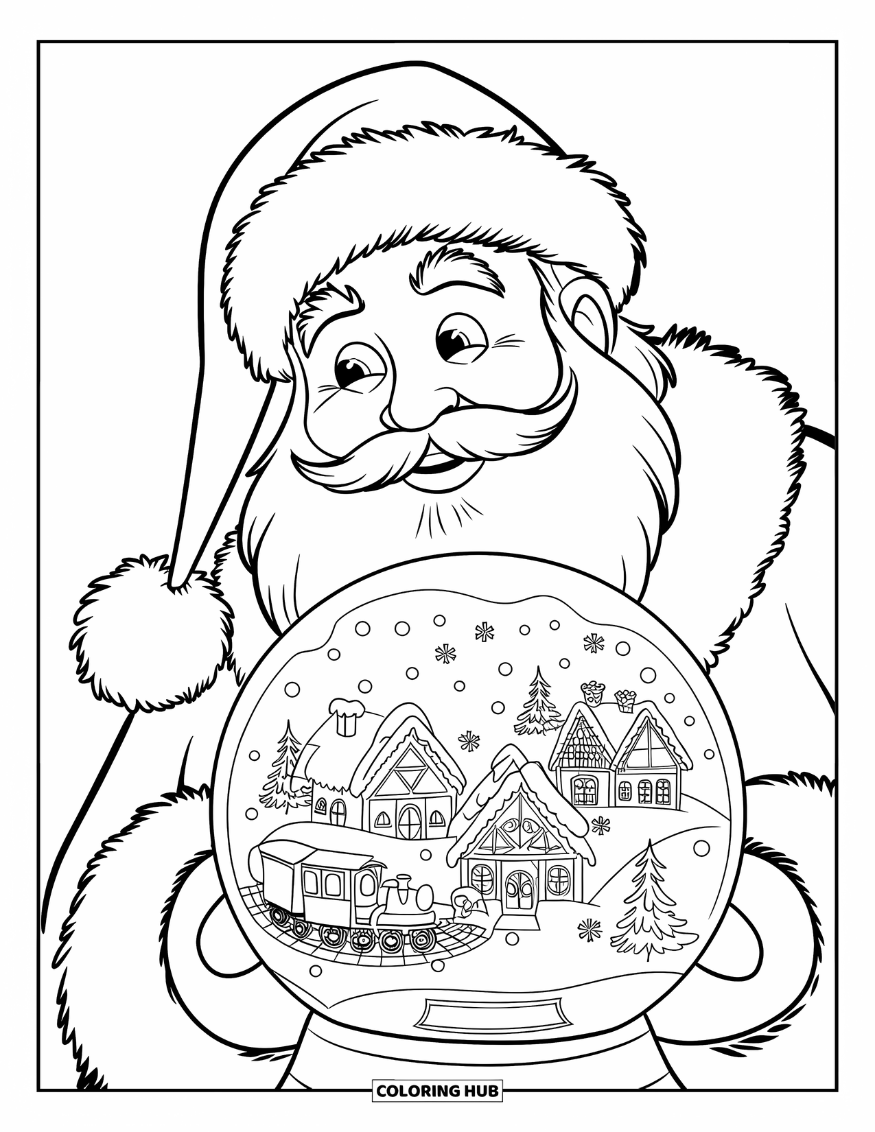 Kolorowanka z Mikołajem dla dzieci: Mikołaj wpatruje się w świecącą śnieżną kulę, podziwiając w środku maleńką świąteczną wioskę