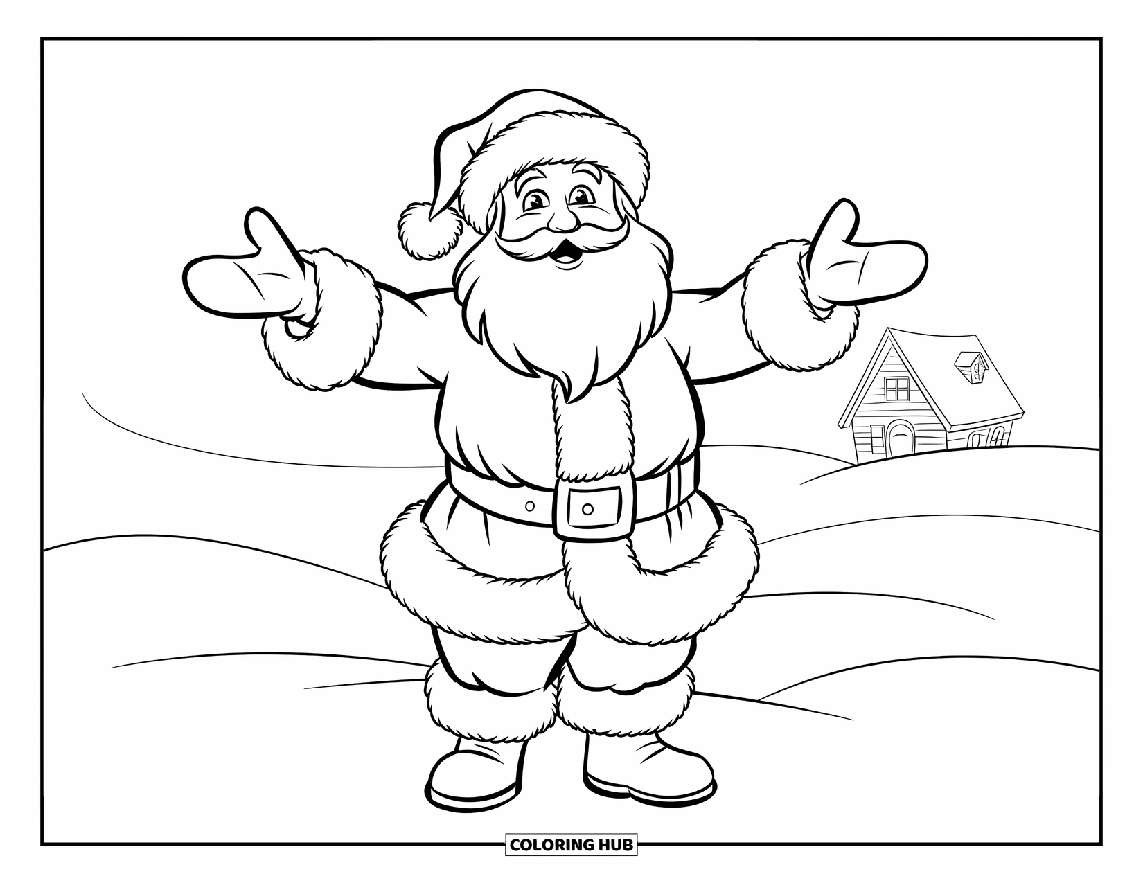 Kolorowanka z Mikołajem dla dzieci: Mikołaj rozkłada ramiona, stojąc w śnieżnym krajobrazie z chatką w pobliżu