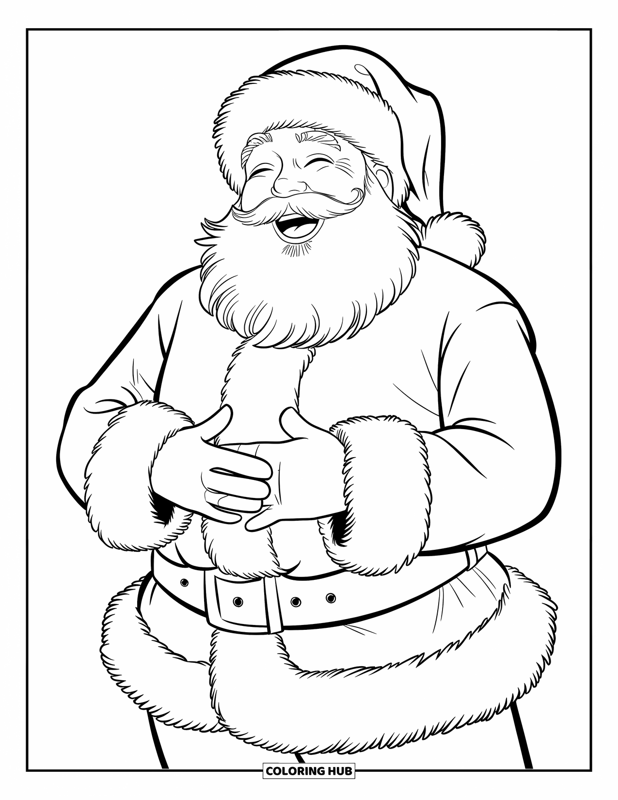 Kolorowanka z Mikołajem dla dzieci: Mikołaj odchyla głowę do tyłu, śmiejąc się z rękami na okrągłym brzuchu