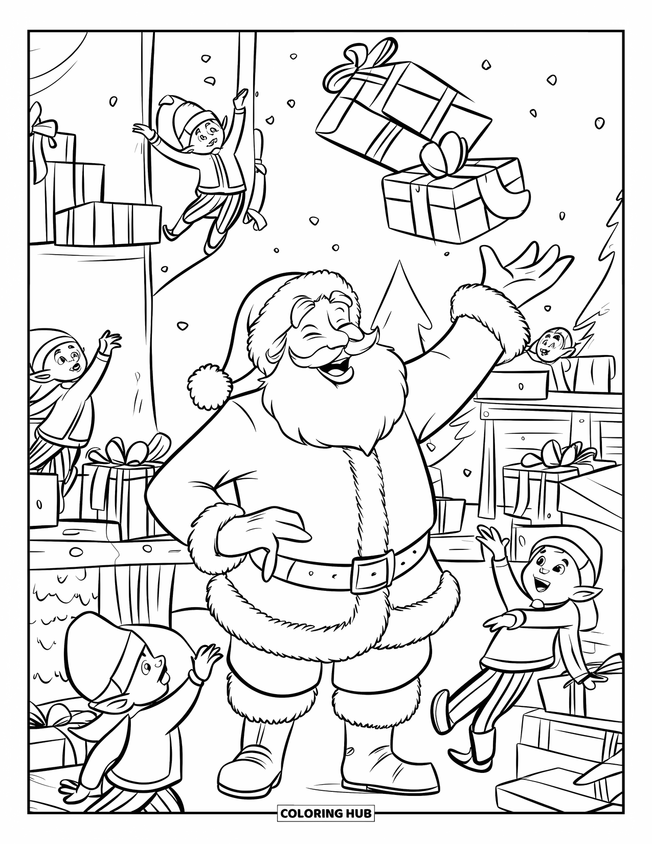Kolorowanka z Mikołajem dla dzieci: Mikołaj podrzuca prezenty w powietrze w swoim warsztacie, a elfy starają się je złapać