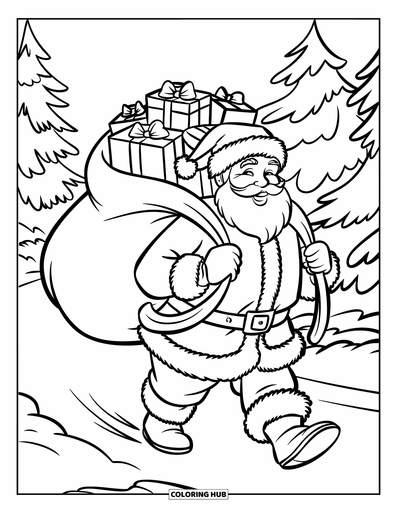 Kolorowanka z Mikołajem dla dzieci: Mikołaj brnie śnieżną ścieżką, trzymając ogromny worek z prezentami