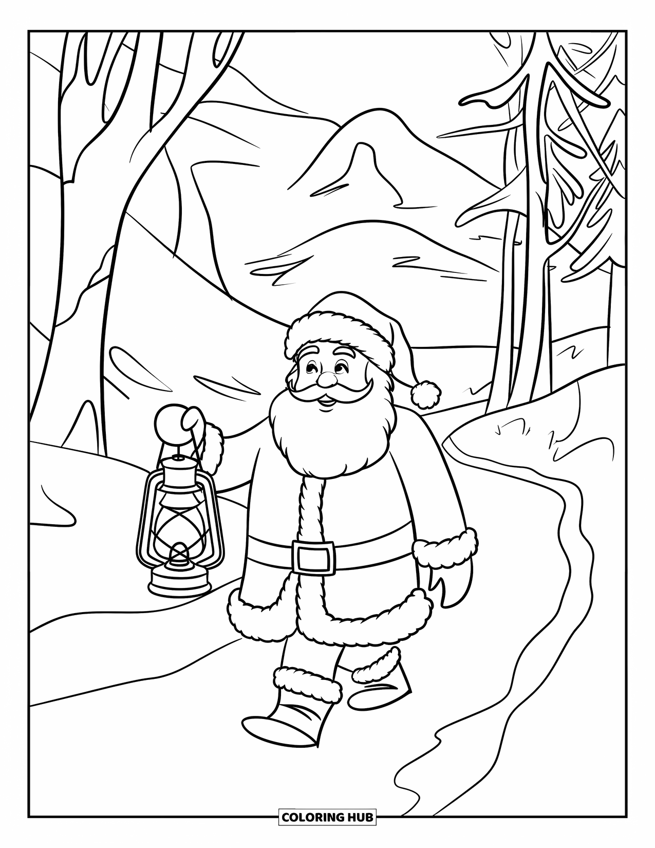 Kolorowanka z Mikołajem dla dzieci: Mikołaj idzie przez śnieżny las, niosąc latarnię, aby oświetlić sobie drogę