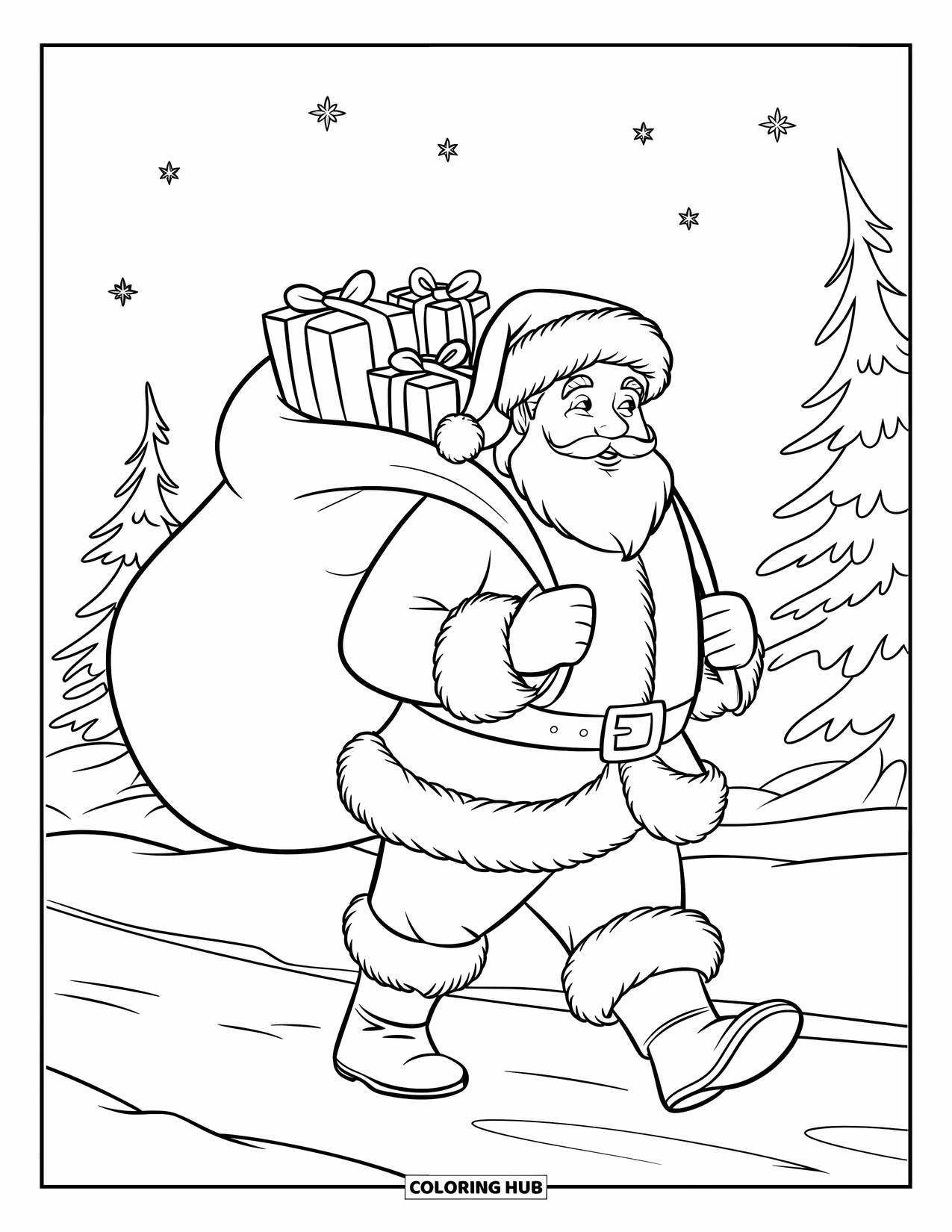 Kolorowanka z Mikołajem dla dzieci: Mikołaj idzie przez śnieg, niosąc ciężki worek wypełniony prezentami świątecznymi