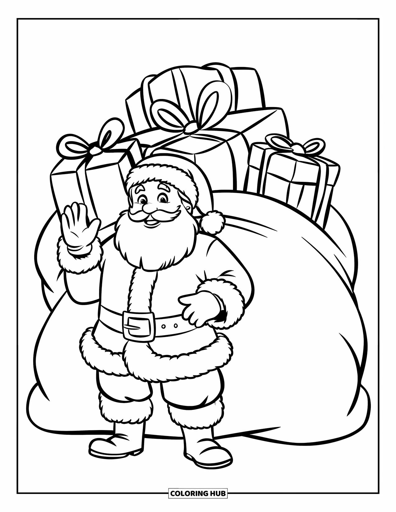Kolorowanka z Mikołajem dla dzieci: Mikołaj radośnie macha, a za nim leży ogromny worek z prezentami
